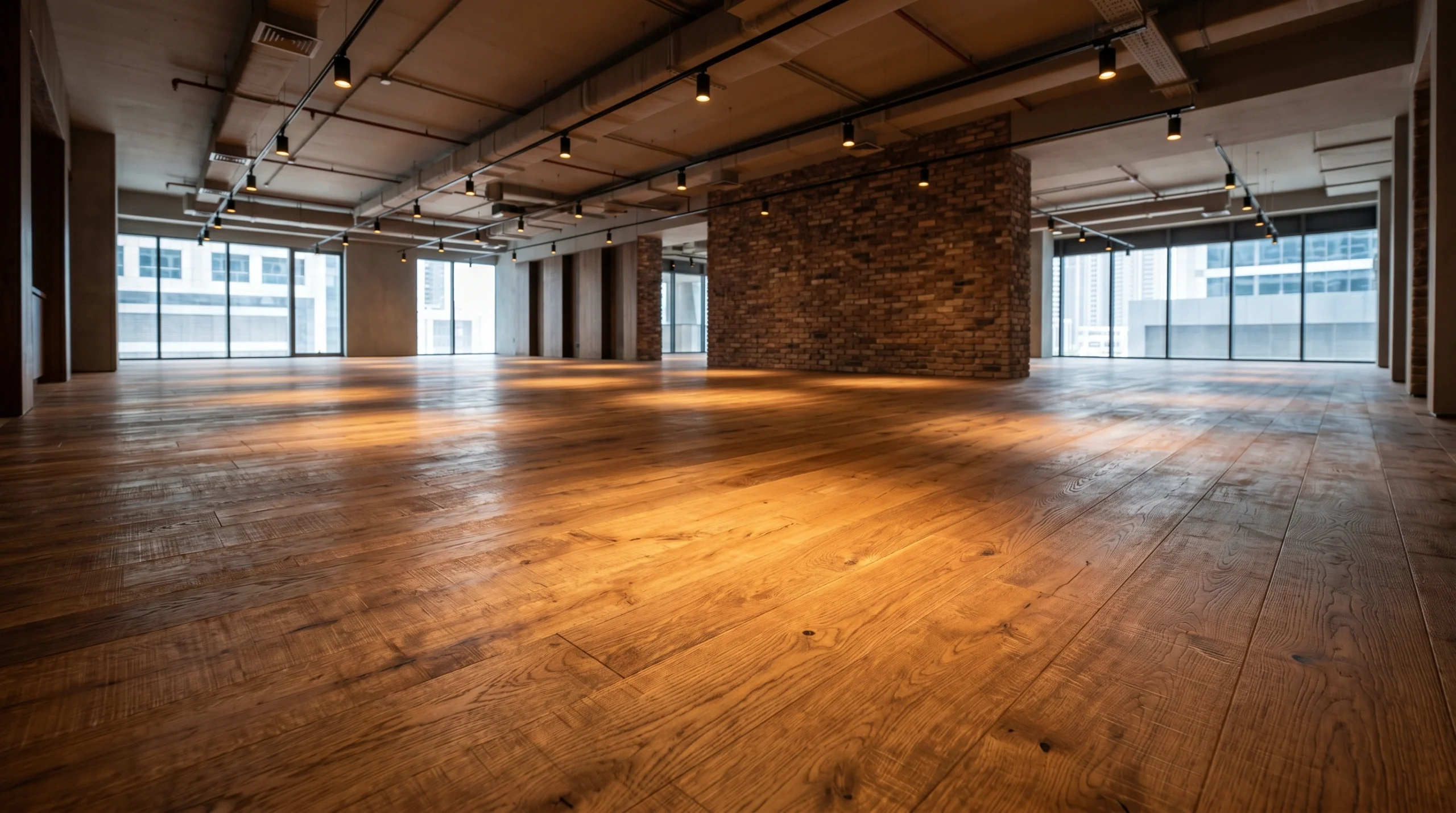 Wide-plank reclaimed-look oak commercial flooring installed in Business Bay Dubai restaurant dining area showing hospitality-grade hardwood carpentry