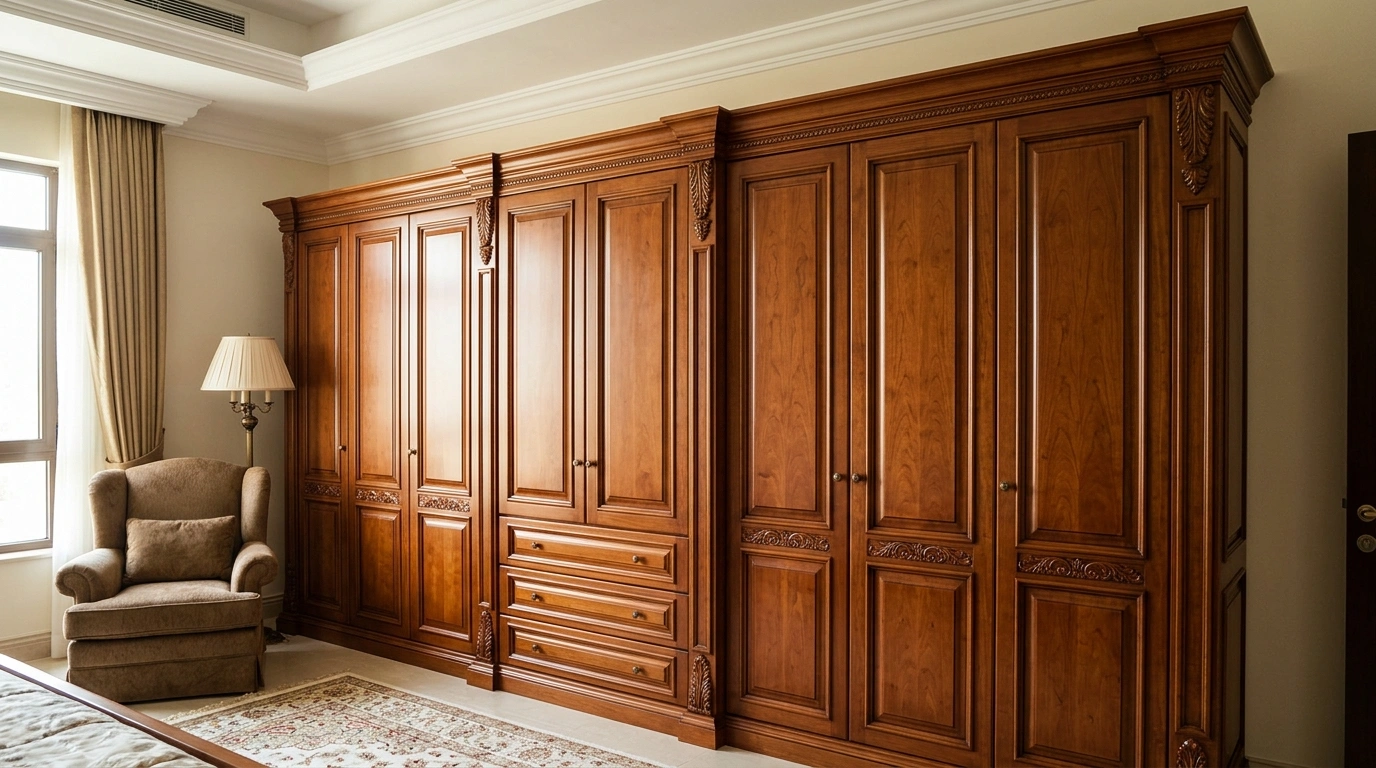 Classic cherry wood fitted wardrobe with decorative cornices in Victory Heights.
