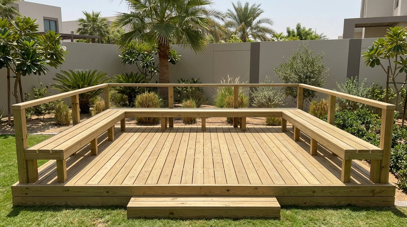 Custom built-in outdoor children's play deck with bench and low timber balustrade in Mudon Al Ranim Dubai villa garden
