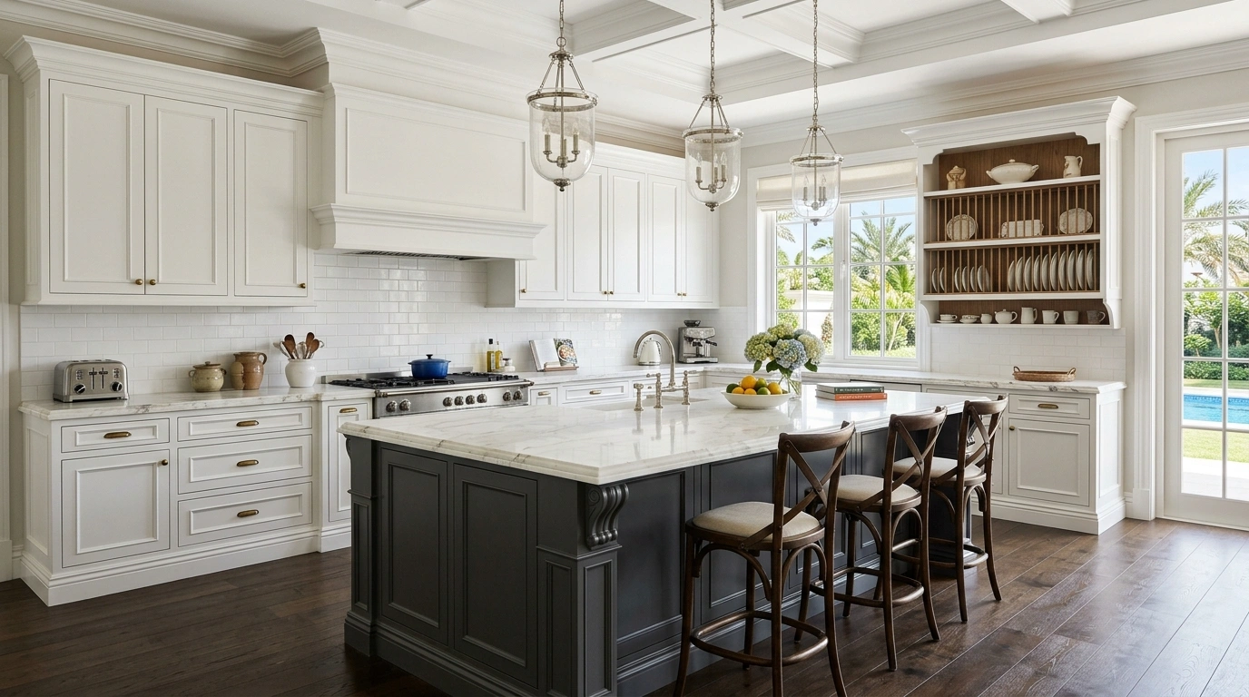 Elegant white Hamptons style kitchen with crown molding in Jumeirah 1.