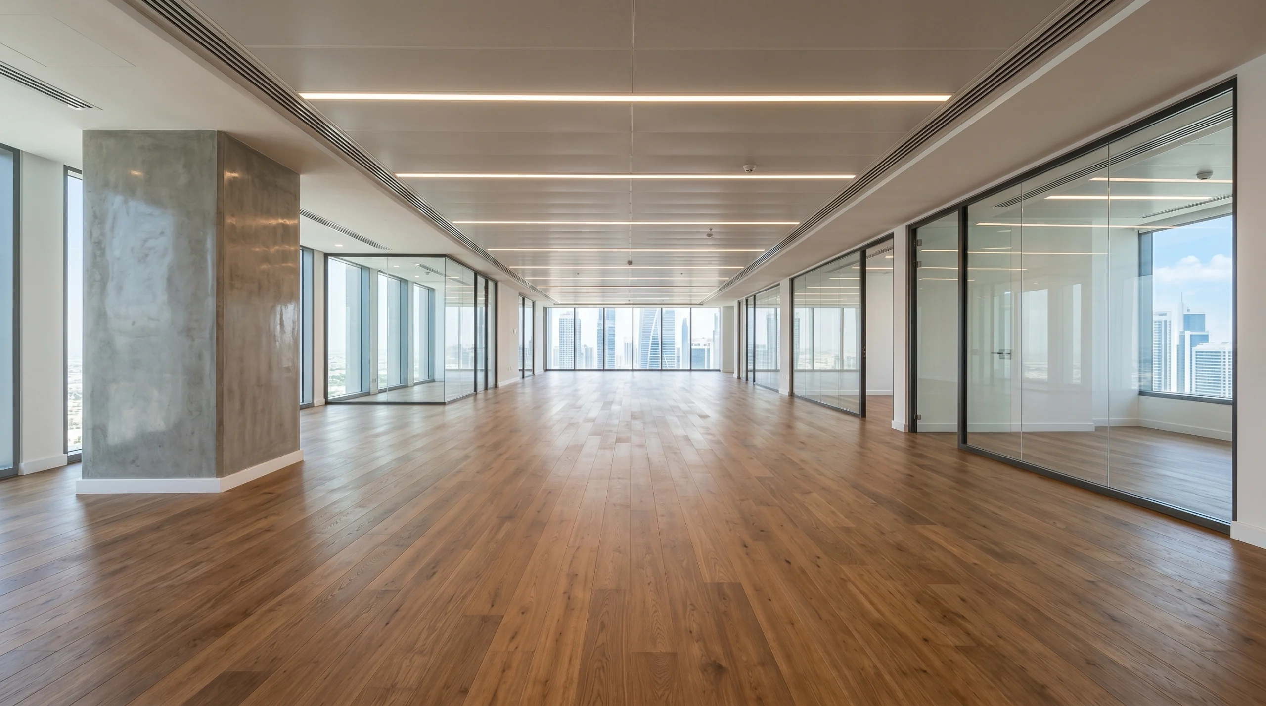 Brushed oak engineered hardwood flooring installed across large open-plan commercial office space in Dubai showing professional commercial carpentry finish