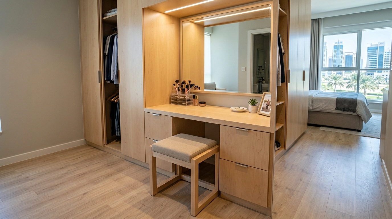 Space-saving maple wood dressing table integrated into a studio wardrobe in Silicon Oasis.