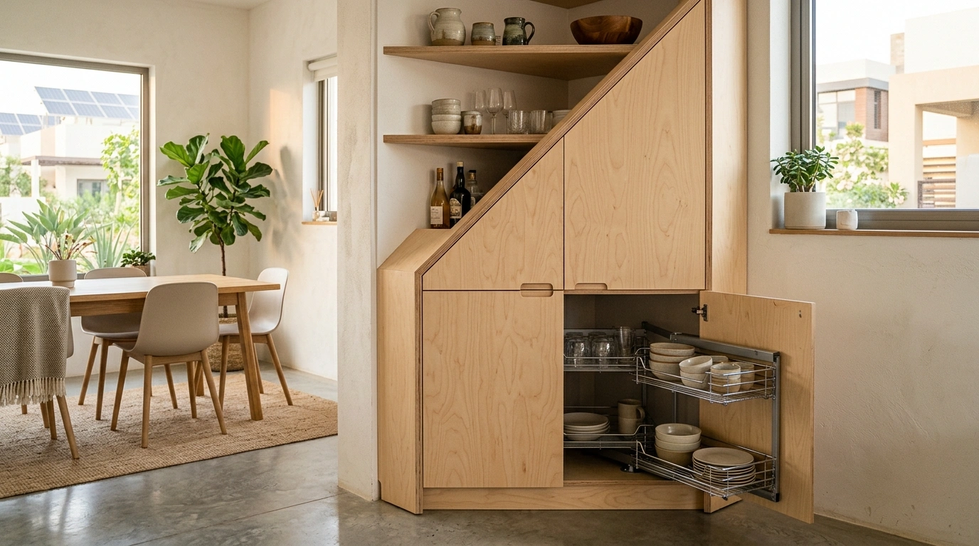 Custom birch wood corner dining cabinet, Sustainable City Dubai.