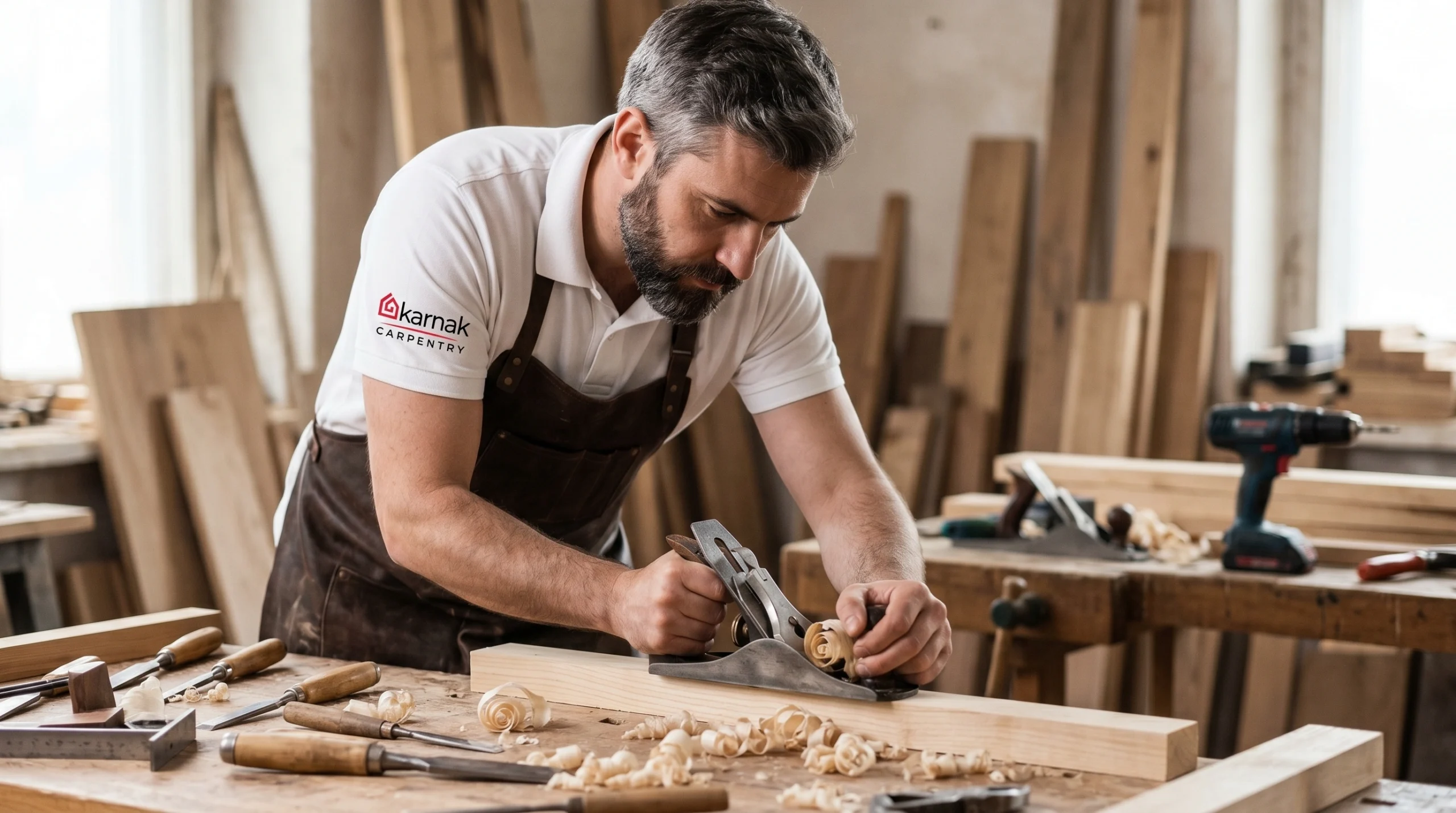 Professional carpenter measuring high-quality wood grain, symbolizing precision and reliable carpentry services.