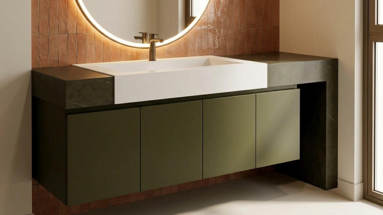 Custom fitted dark olive green vanity with waterfall stone countertop in Al Furjan Dubai villa secondary bathroom