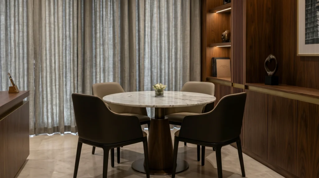 DIFC corporate office project Dubai — fluted walnut wall panelling and custom joinery by Karnak Carpentry