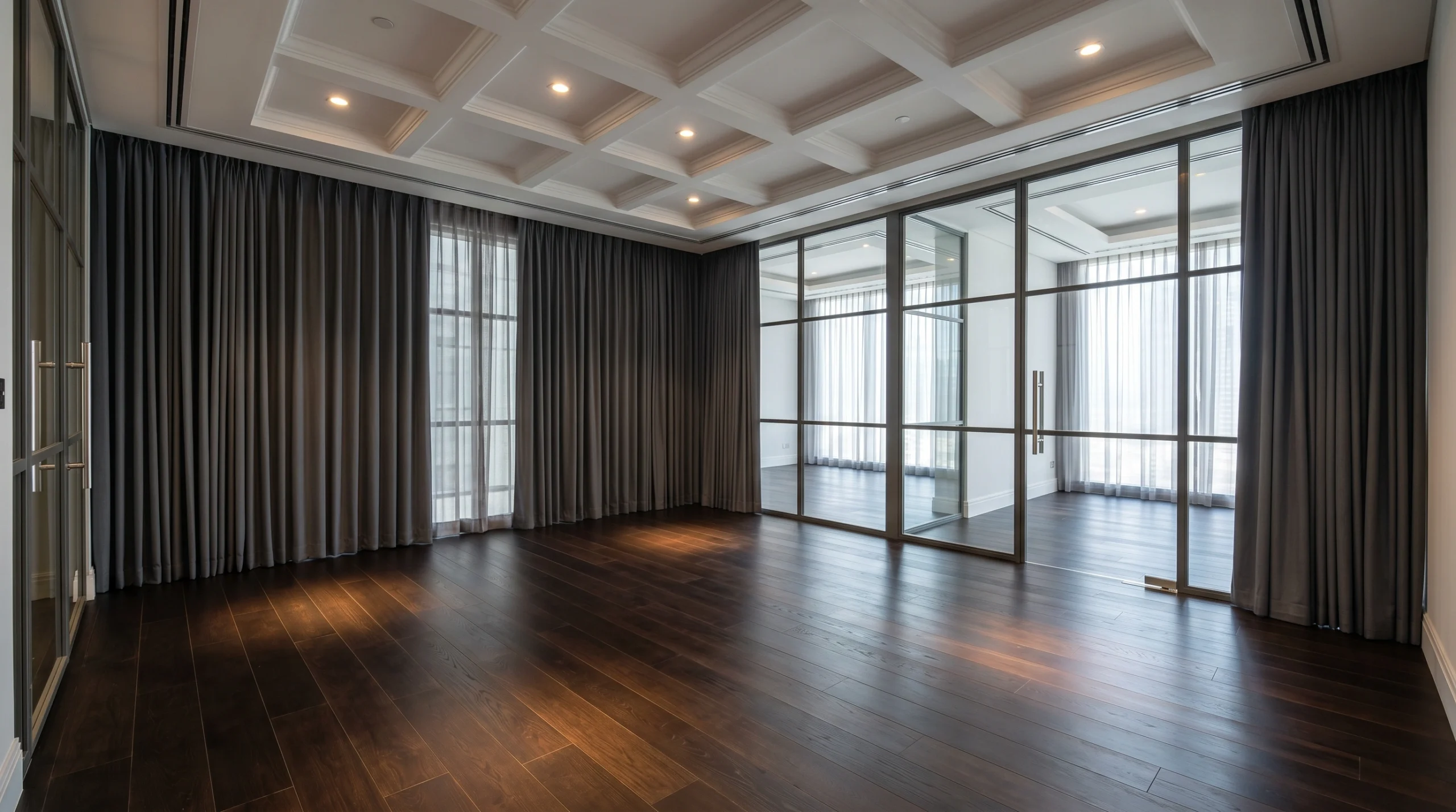 Dark espresso hardwood flooring installed in executive office suite at DIFC-style Dubai law firm, showing premium commercial carpentry with corporate aesthetic