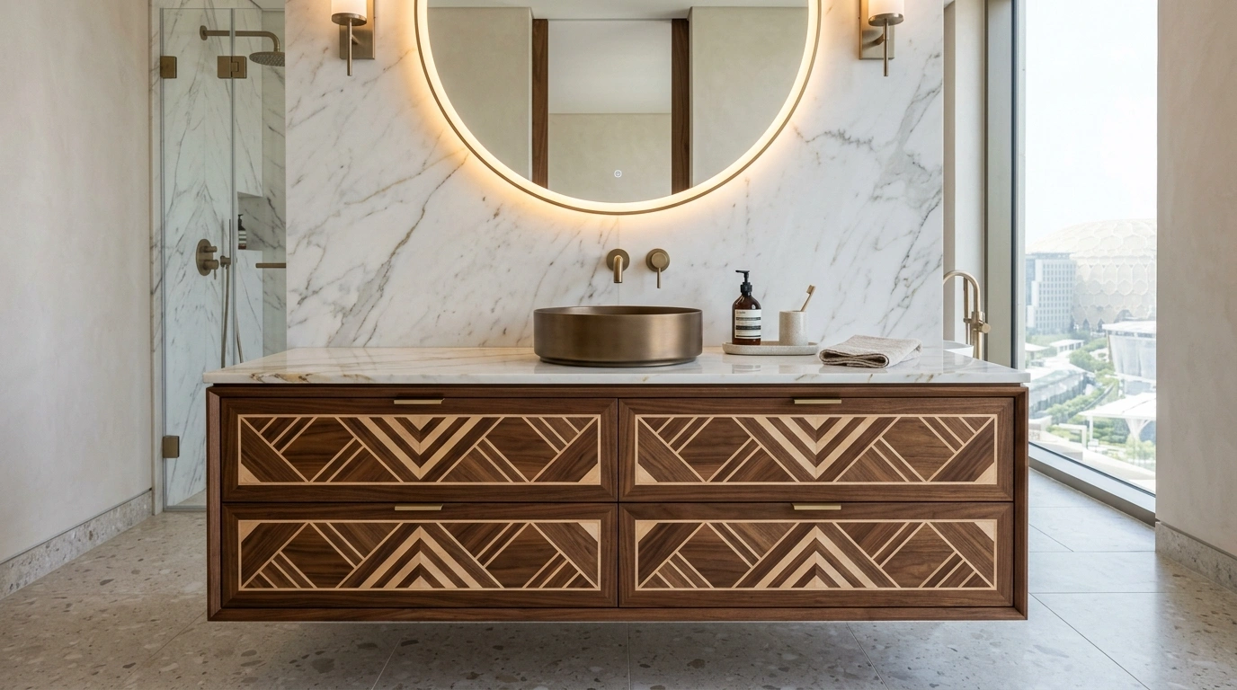 Geometric wood inlay bathroom cabinetry installed in Expo City residence.