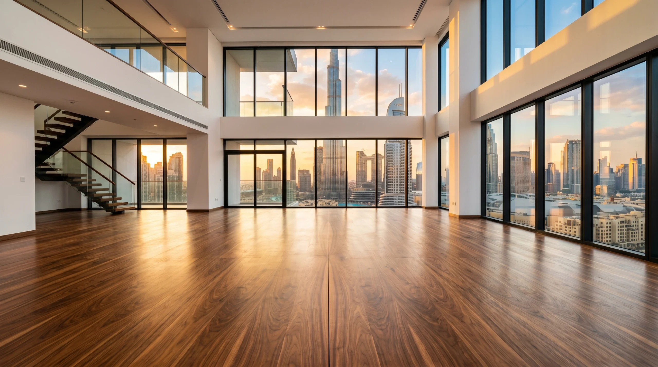 Book-matched figured walnut hardwood floor with hand-applied oil finish custom installed in Downtown Dubai penthouse luxury residential project by Karnak Carpentry