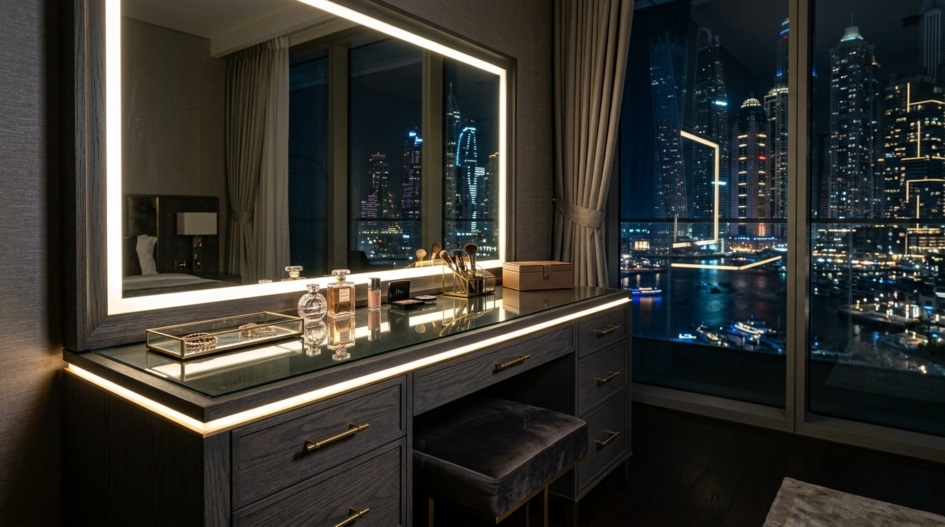Modern dark oak dressing table with LED perimeter lighting in a Dubai Marina apartment.