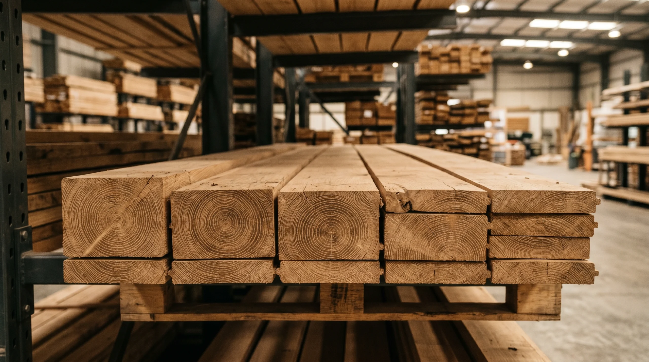 Slow-grown sustainable European oak timber planks stored in UAE warehouse showing responsible material sourcing for hardwood flooring projects