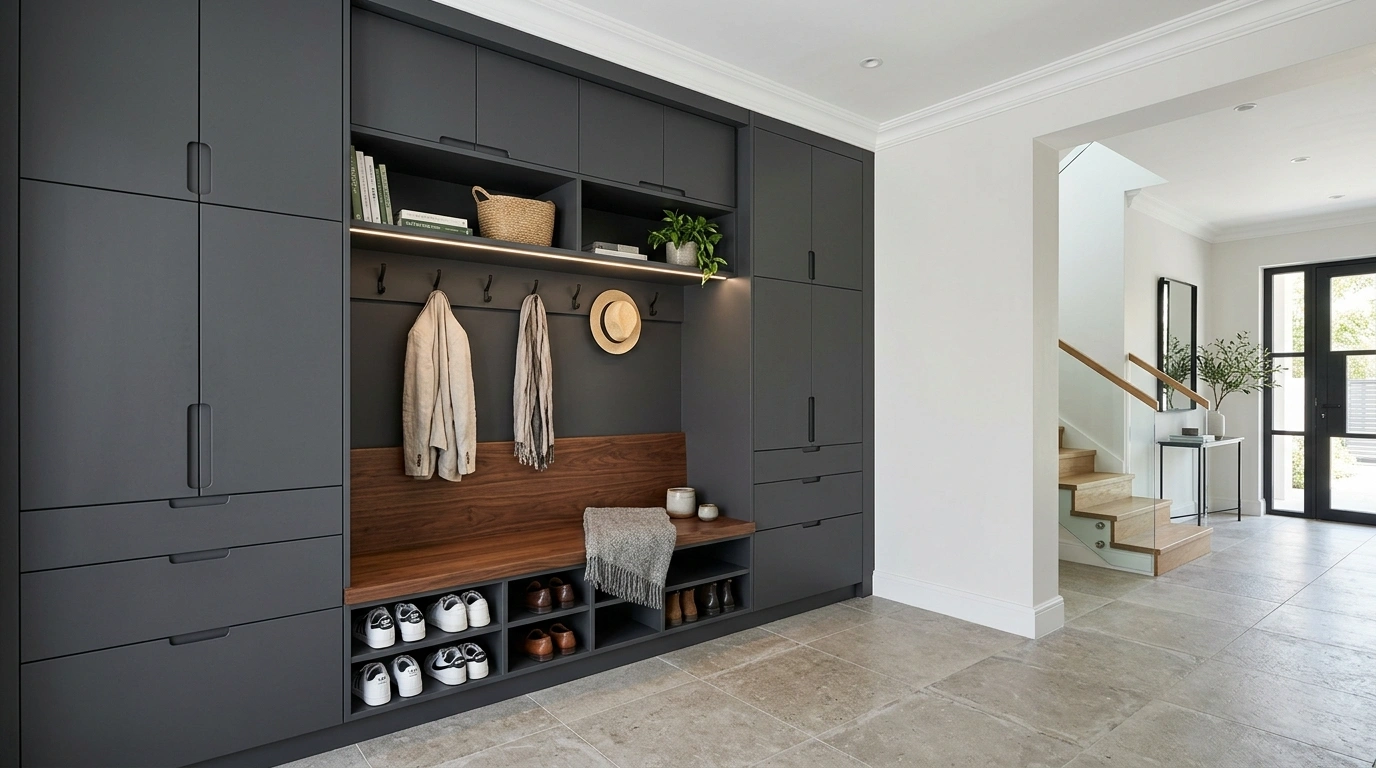 Bespoke matte charcoal mudroom cabinetry and walnut bench installation in a Mudon home.