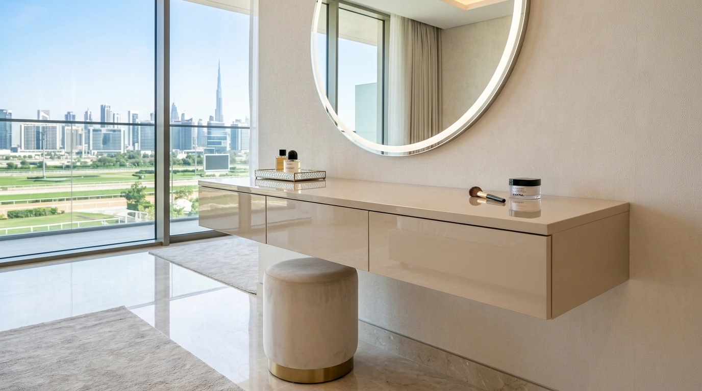 High-gloss beige floating dressing table with touch-to-open drawers in Meydan.