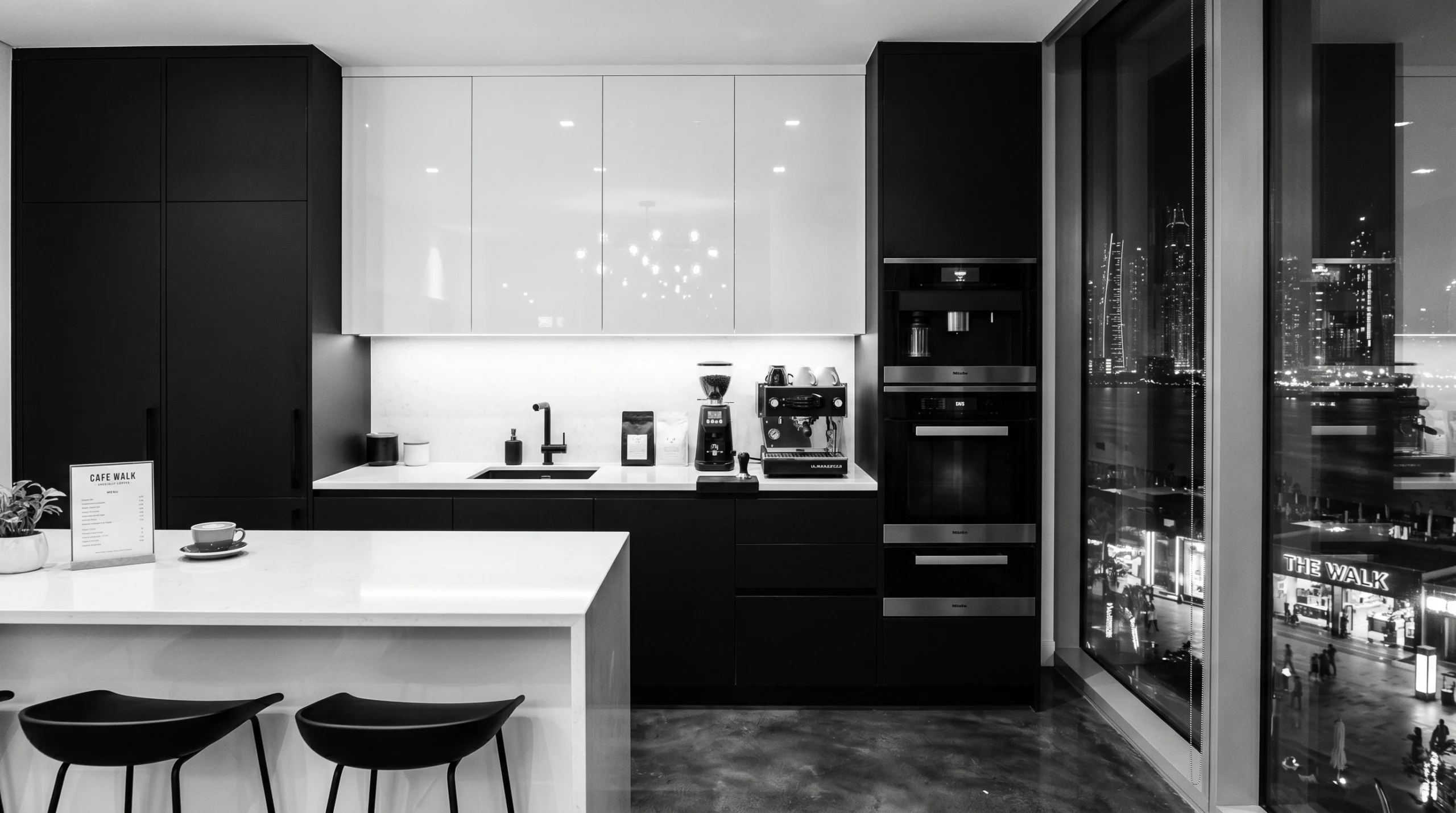 Monochrome black and white custom kitchen cabinetry in JBR Dubai.