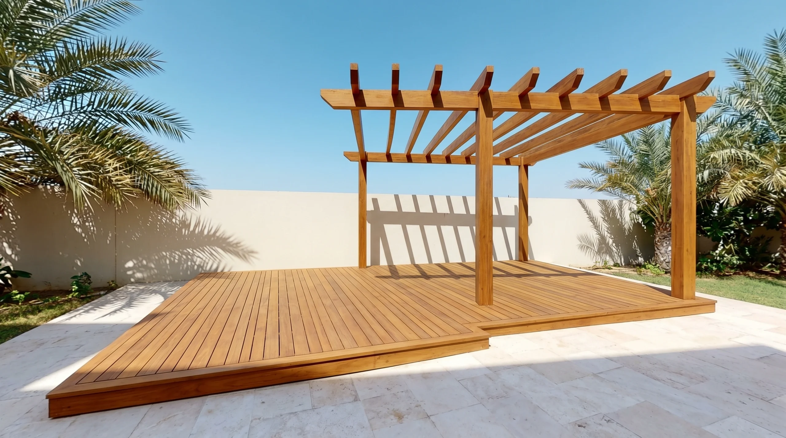 Custom teak deck and pergola installation with UV-resistant marine oil finish in a Dubai villa garden by Karnak Carpentry