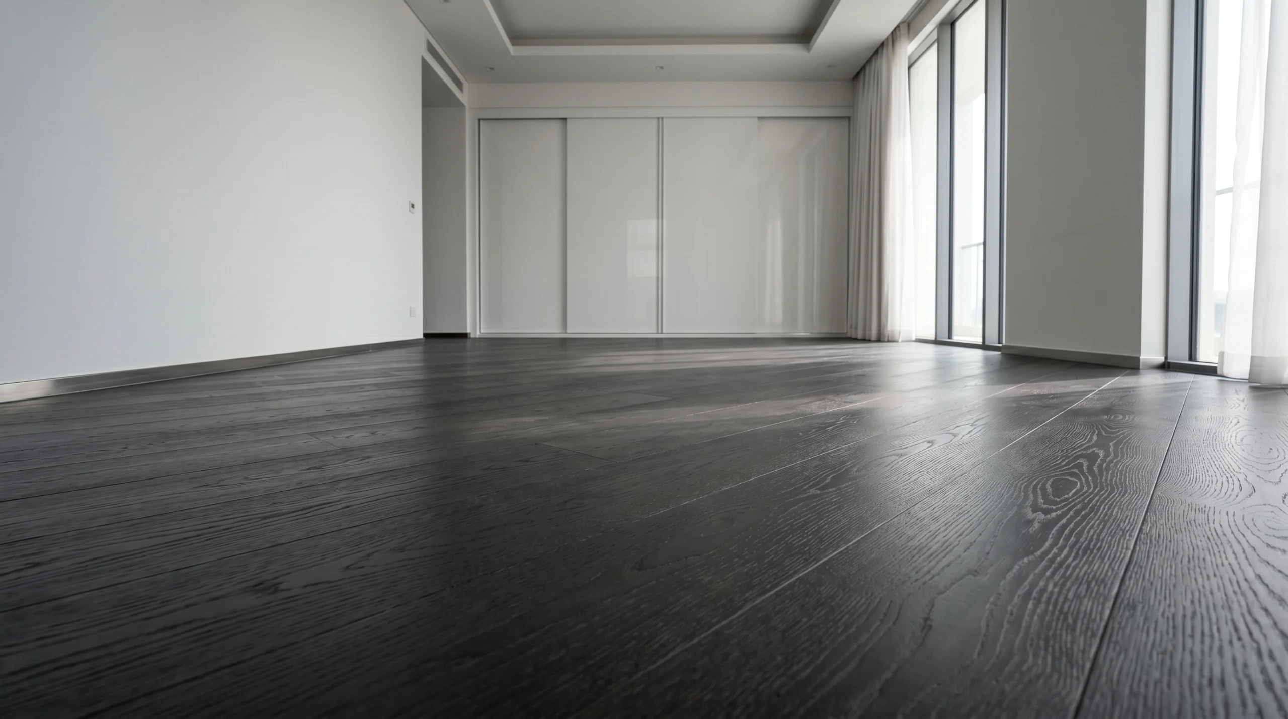 Charcoal brushed oak hardwood flooring installed in diagonal pattern inside Jumeirah villa master bedroom with white lacquered wardrobe panels
