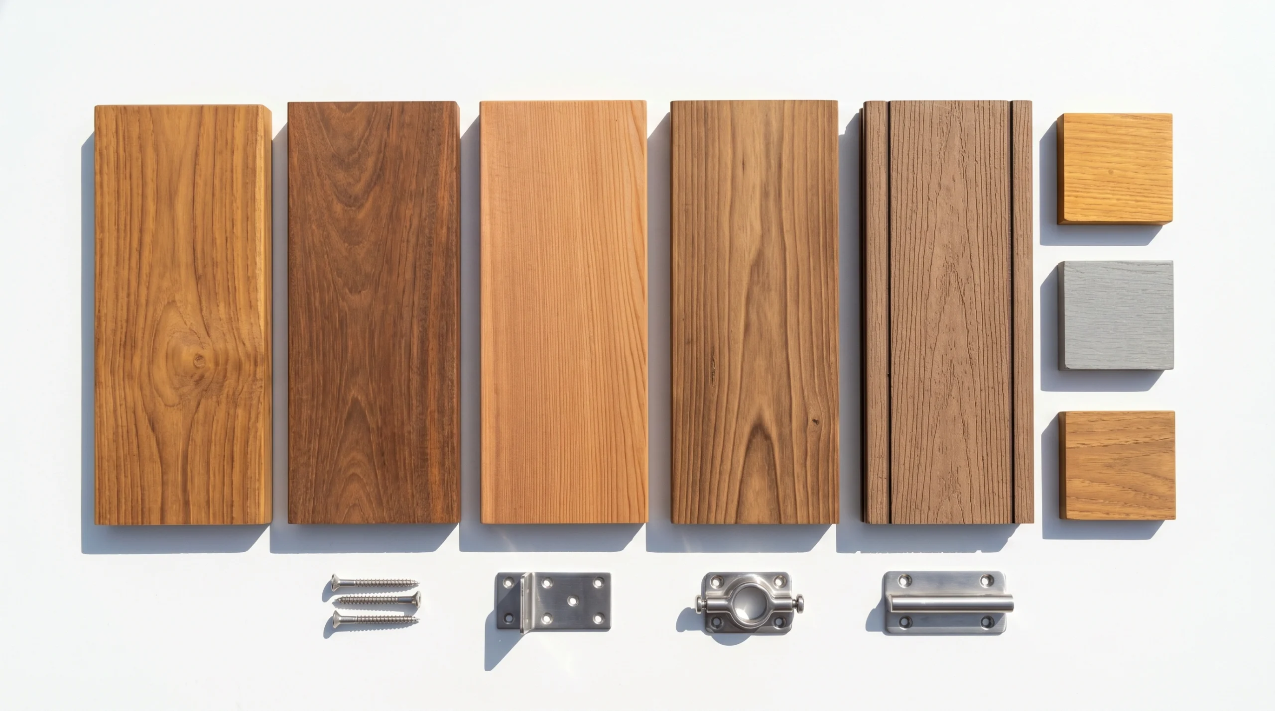UAE outdoor carpentry material selection spread showing teak, Ipe, cedar, and composite decking samples with UV finish options by Karnak Carpentry