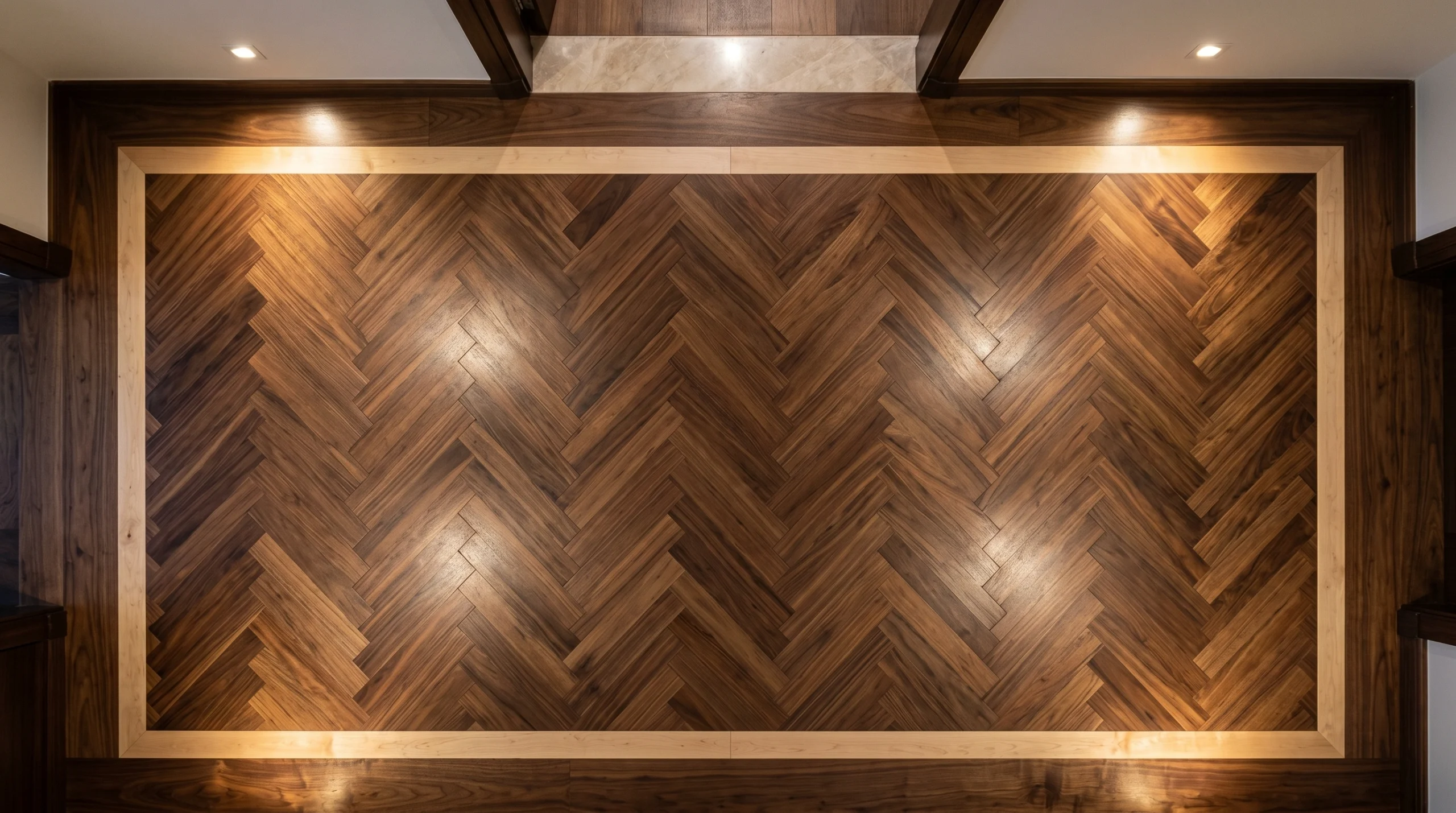 Double herringbone walnut parquet floor with maple border installed in Downtown Dubai apartment entrance foyer showing precision custom pattern carpentry