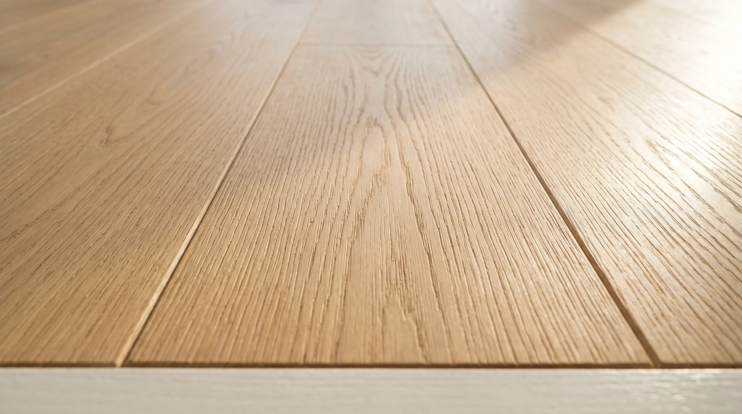 Macro close-up of wire-brushed solid European oak hardwood floor grain and texture installed in Palm Jumeirah villa with coastal natural light