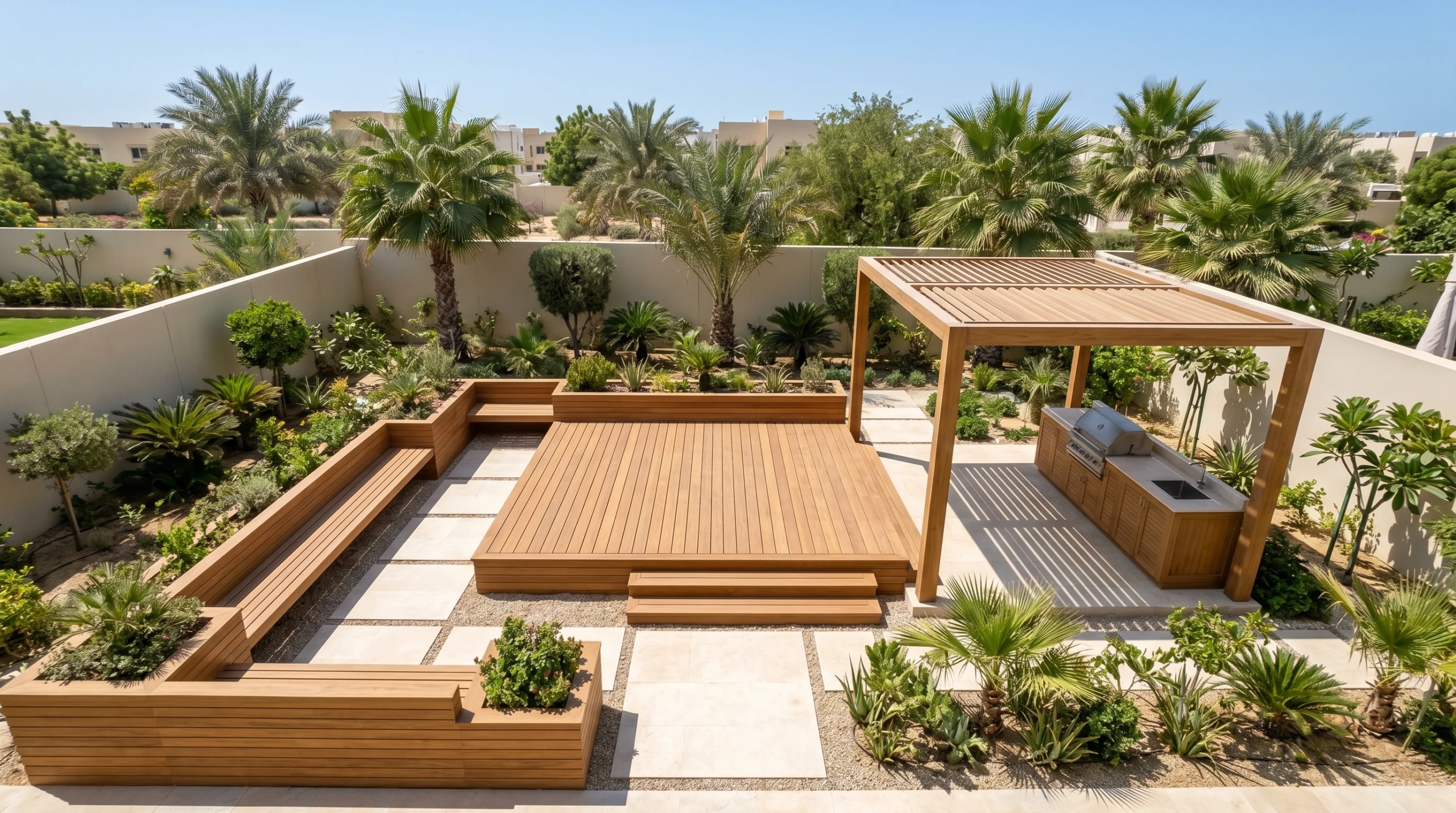 Aerial view of four outdoor carpentry structures including deck, pergola, kitchen, and planter bench in a UAE villa garden by Karnak Carpentry