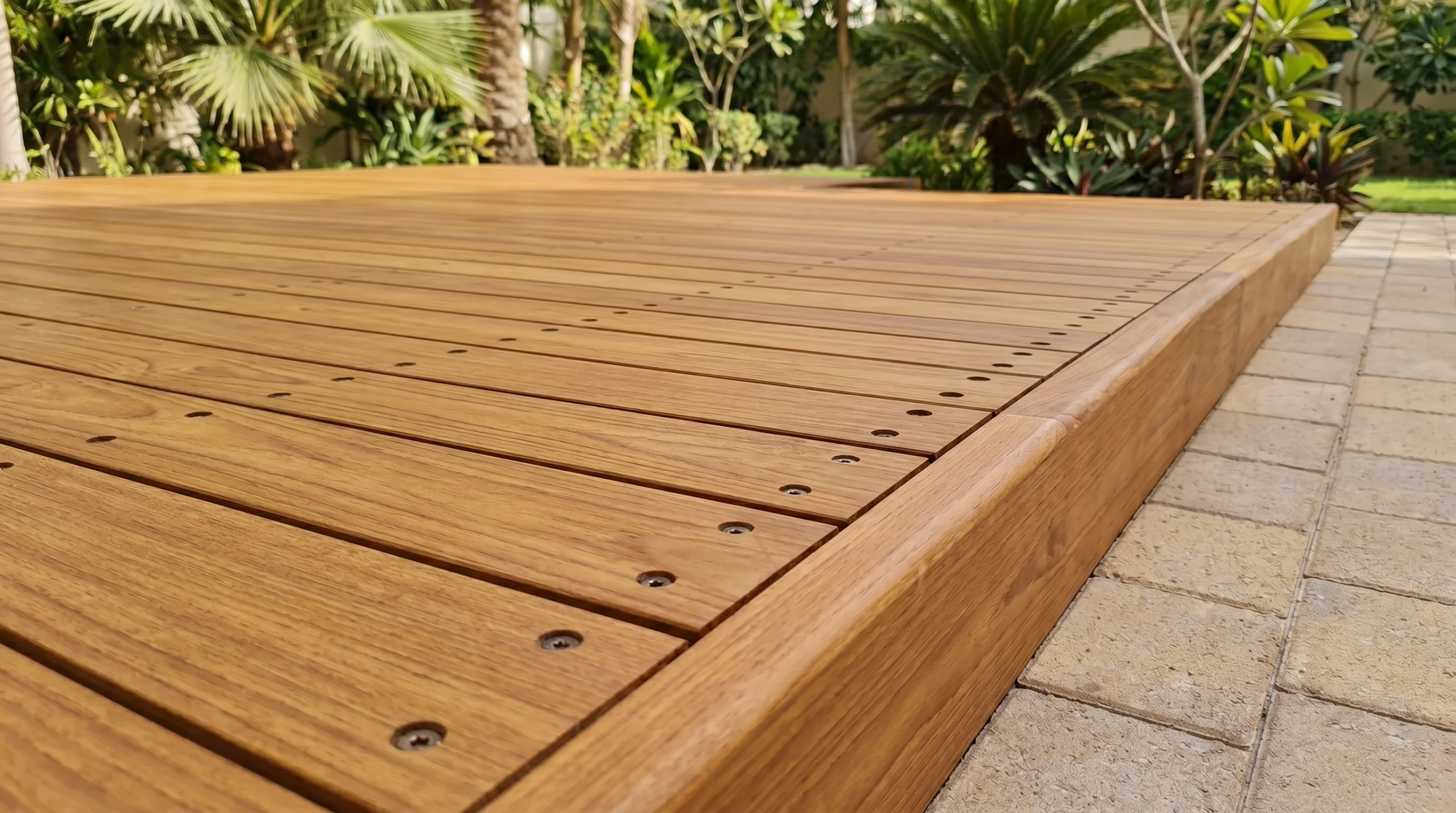 Precision-laid Burmese teak decking boards with hidden stainless fixings and chamfered fascia edge in a Dubai villa garden by Karnak Carpentry
