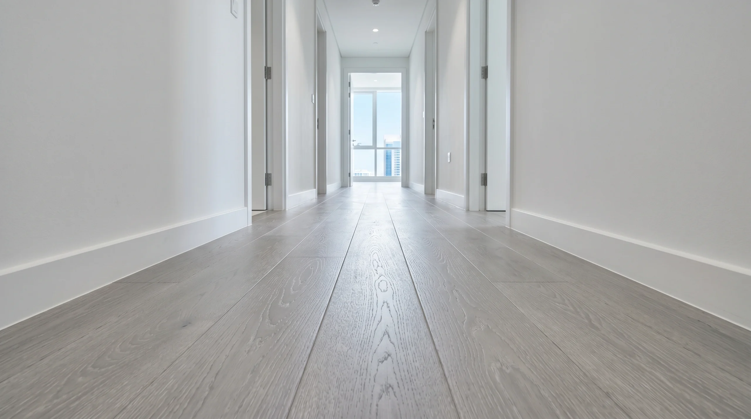 Grey-washed engineered oak hardwood flooring installed in long corridor perspective inside Dubai Marina apartment tower with perspective vanishing point