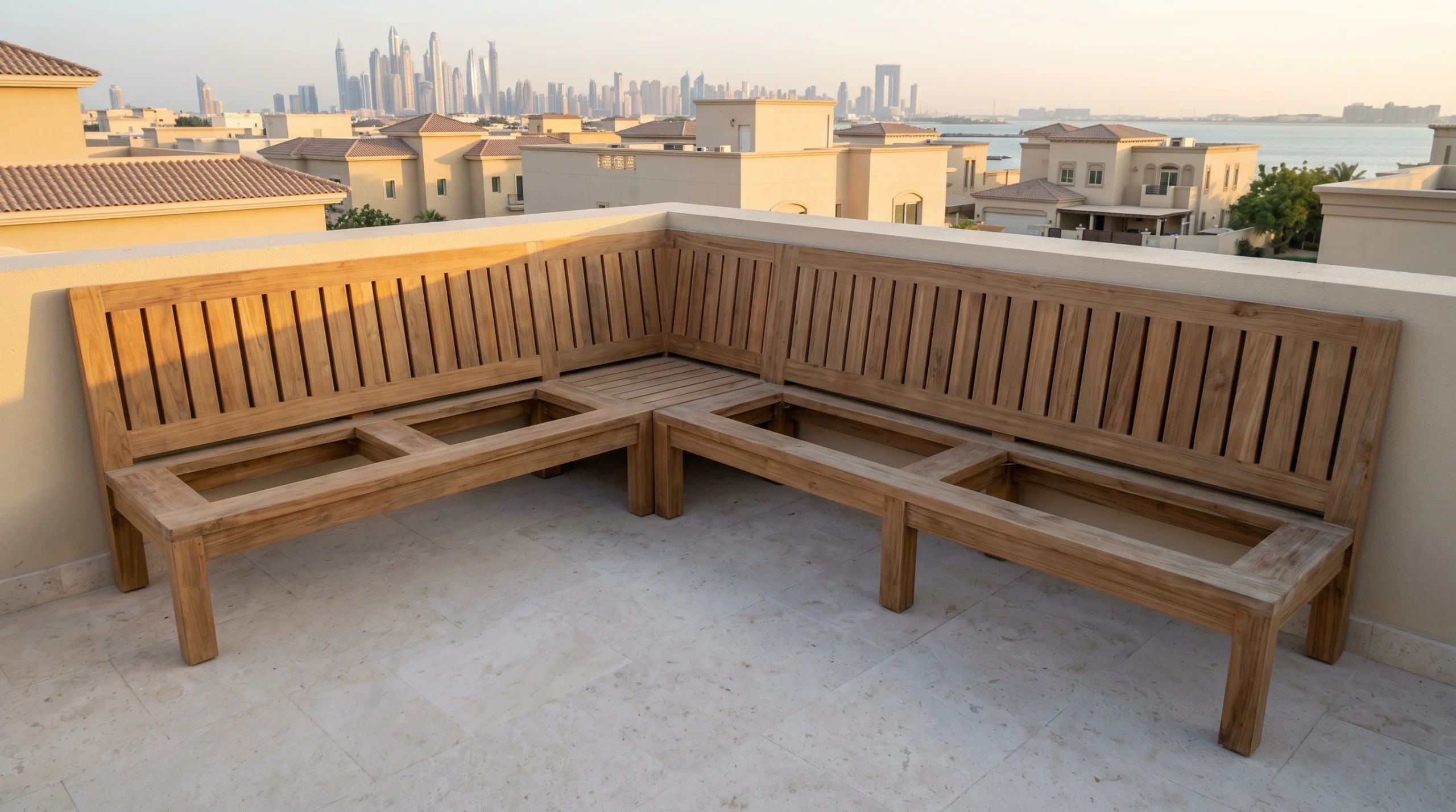 Custom built-in teak perimeter bench seating with slatted back and cushion recesses on a UAE villa rooftop terrace by Karnak Carpentry