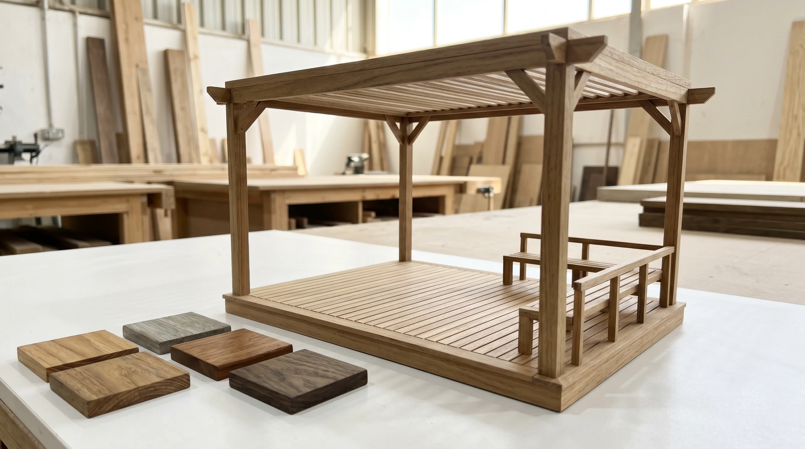 Physical 1:10 scale prototype model of outdoor pergola and deck structure with timber samples in UAE carpentry studio by Karnak Carpentry