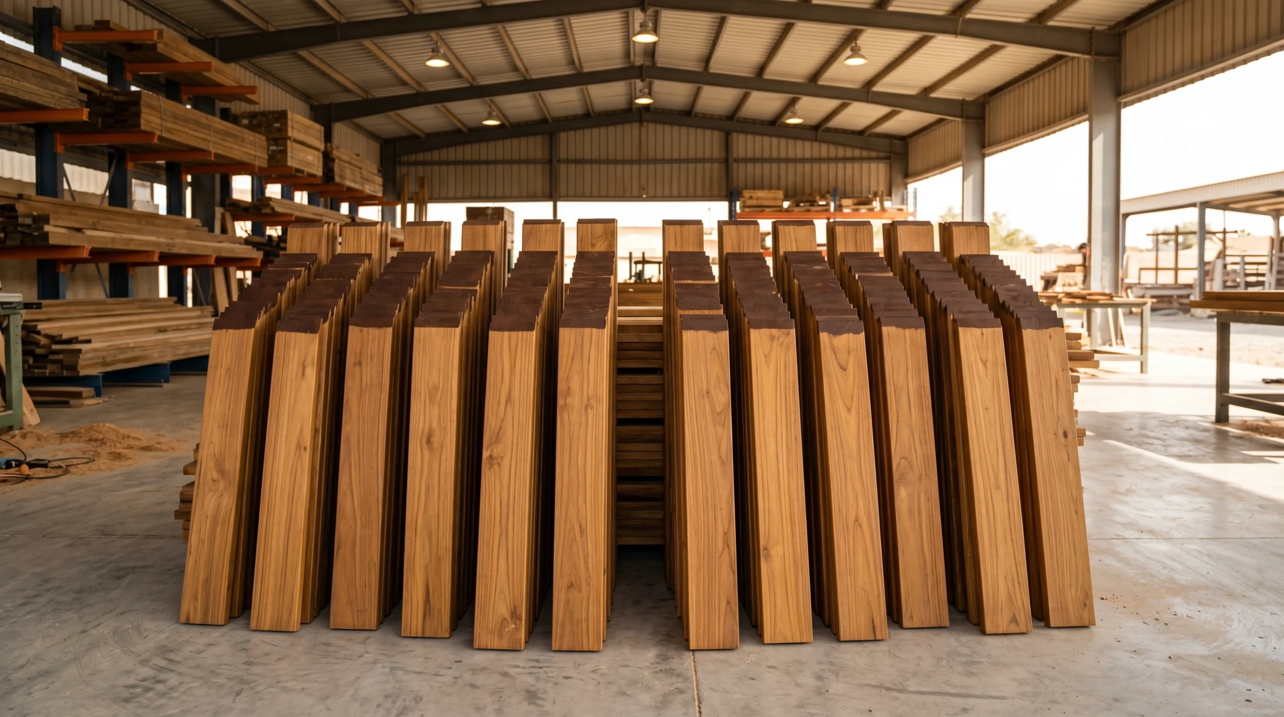 Precision-machined Burmese teak deck boards with sealed end grain staged in UAE outdoor carpentry workshop by Karnak Carpentry