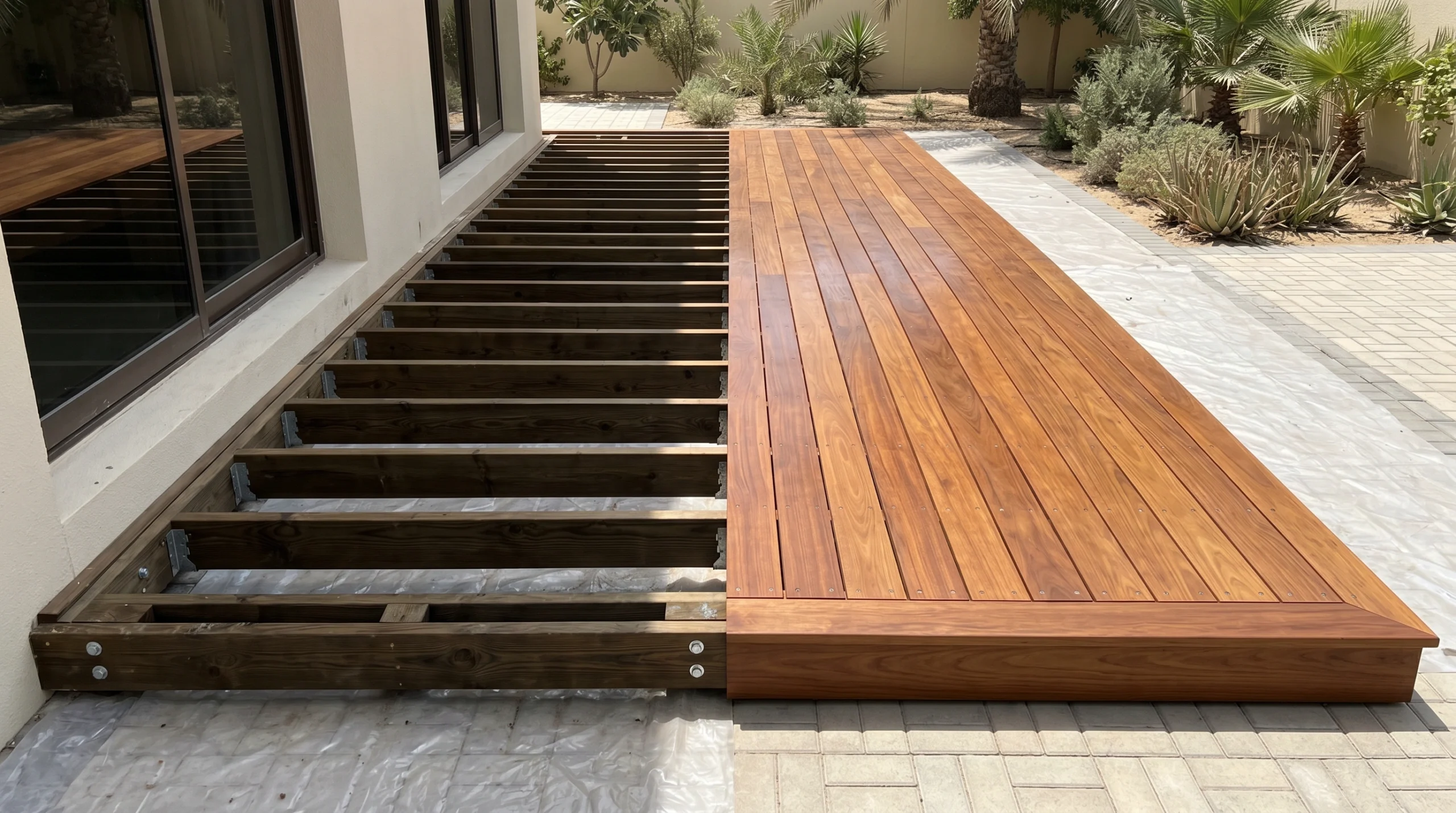 installation outdoor deck showing completed teak boards alongside structural subframe with joist hangers in a UAE villa garden by Karnak Carpentry