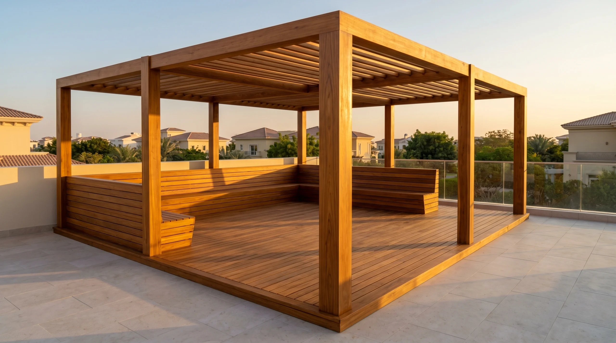 Completed teak deck and pergola installation at final inspection on a UAE villa rooftop in golden hour light by Karnak Carpentry