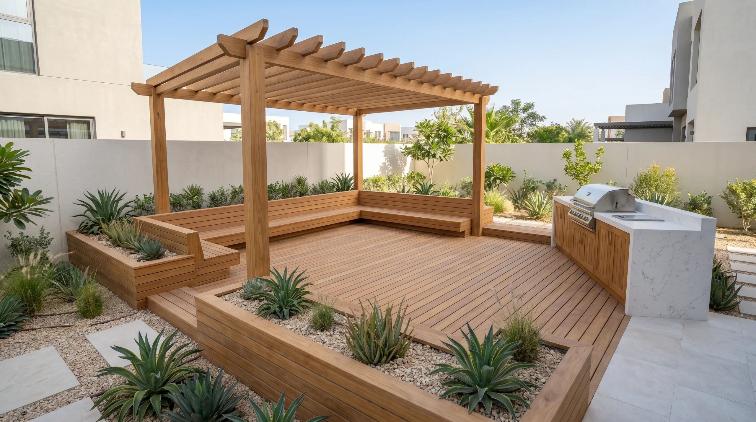 Showroom-quality outdoor carpentry integrating teak deck, pergola, built-in bench, and outdoor kitchen in a Dubai villa garden by Karnak Carpentry
