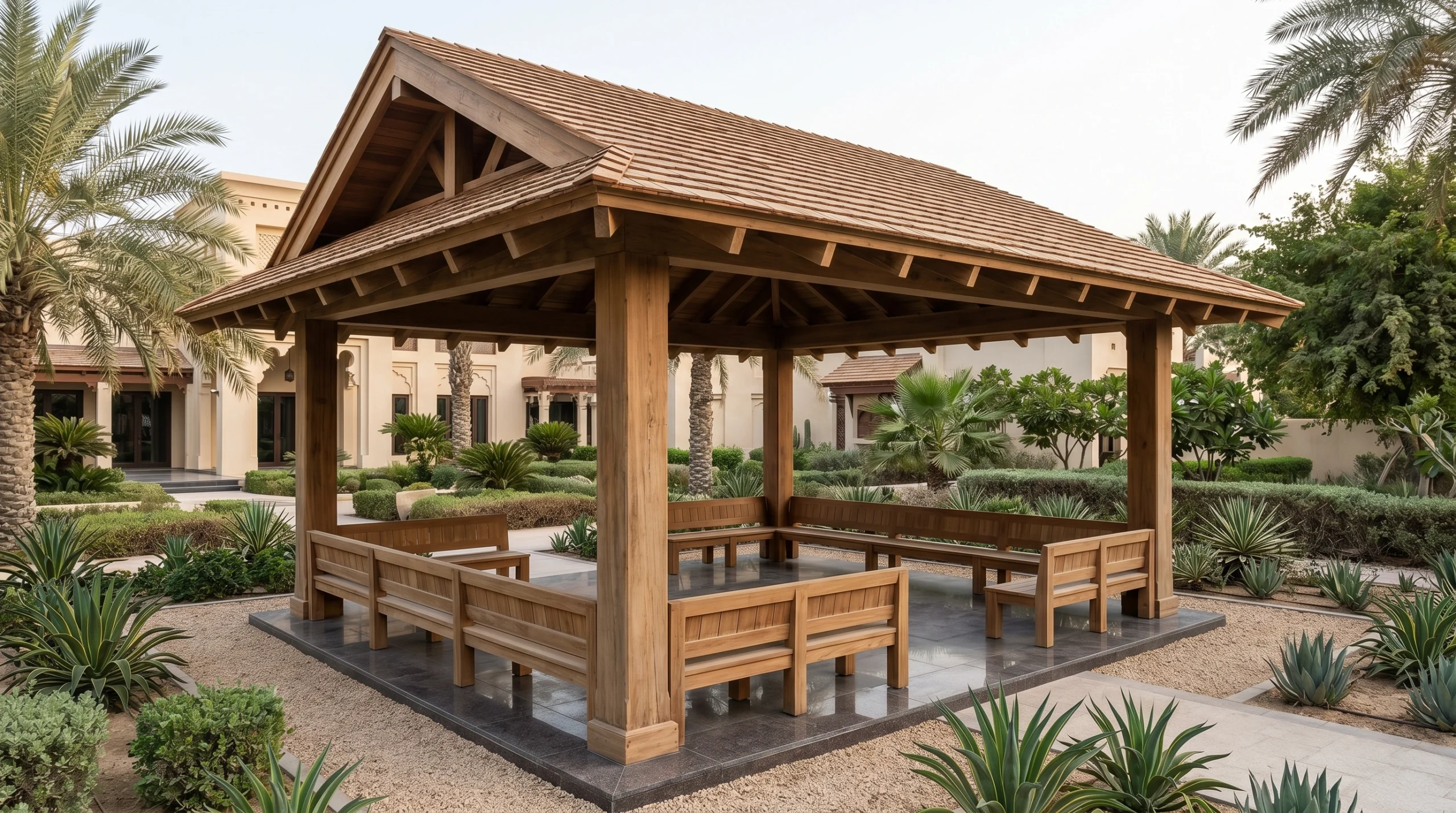 Monumental freestanding teak outdoor pavilion with cedar shingle roof and built-in perimeter bench in a UAE palace estate garden by Karnak Carpentry