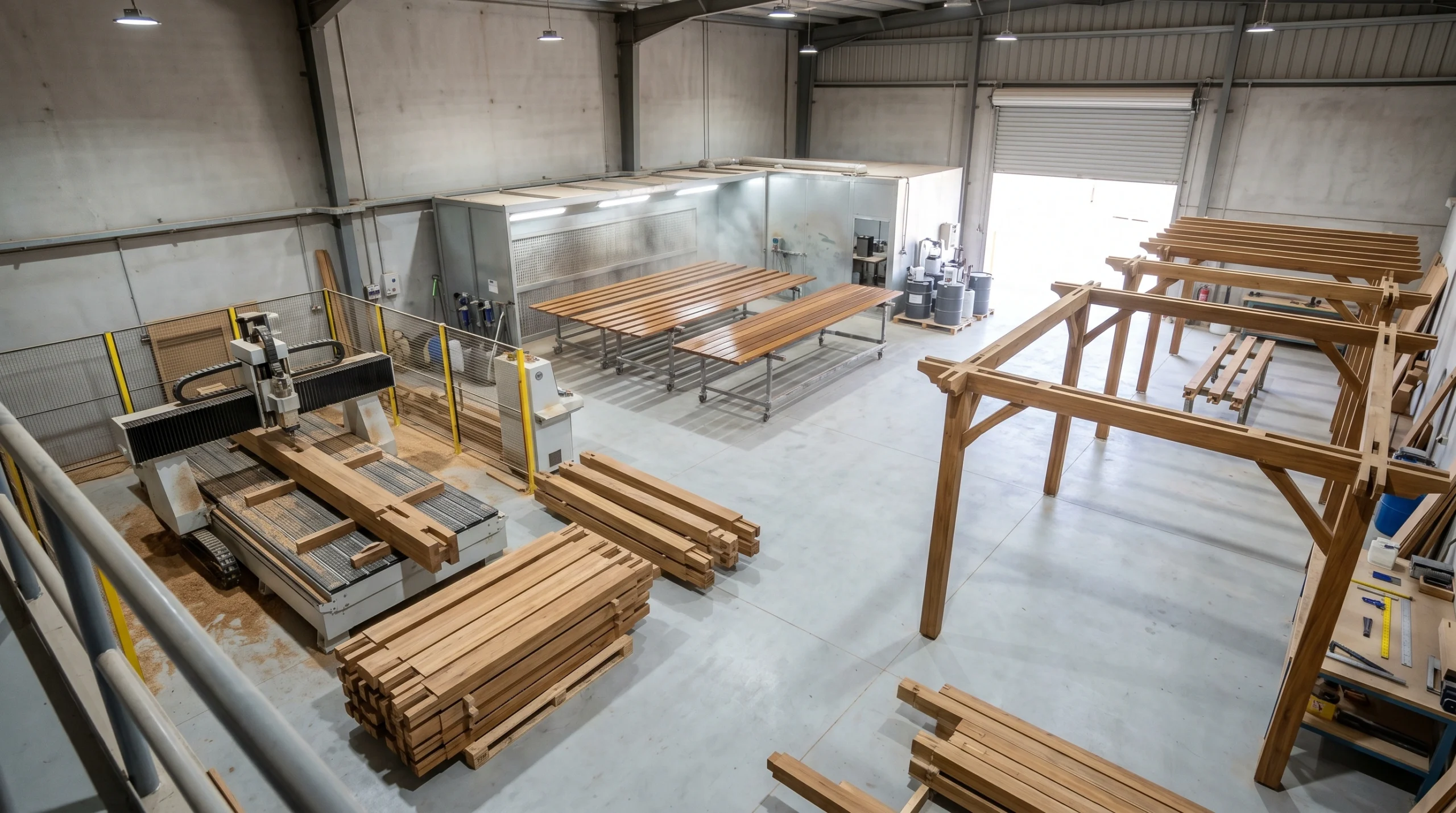 UAE outdoor carpentry facility showing CNC routing, UV oil finishing, and structural pre-assembly zones for outdoor joinery production by Karnak Carpentry