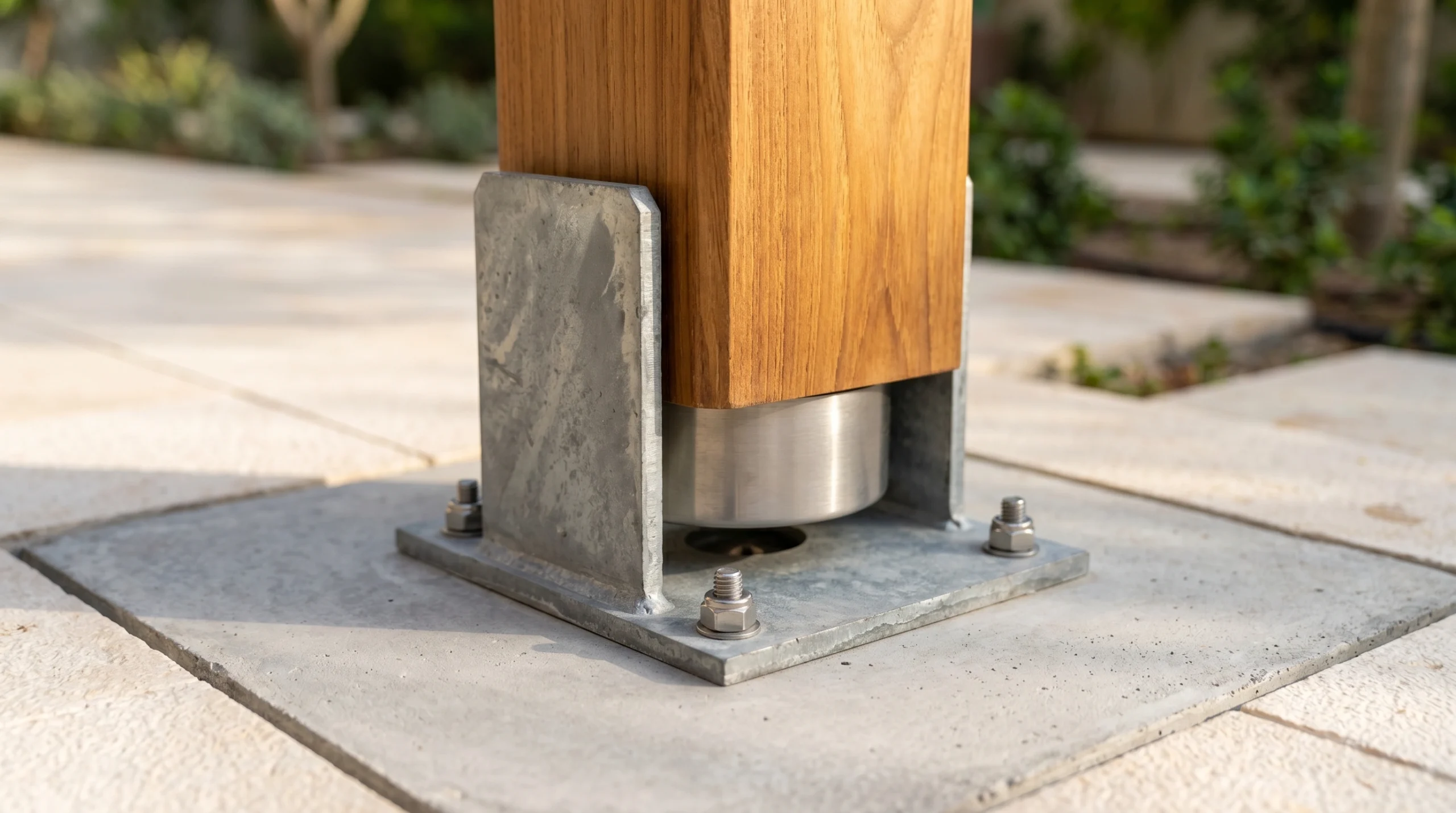 Galvanized steel post base bracket with ventilation gap supporting a teak pergola post in a UAE villa garden showing Karnak Carpentry structural engineering