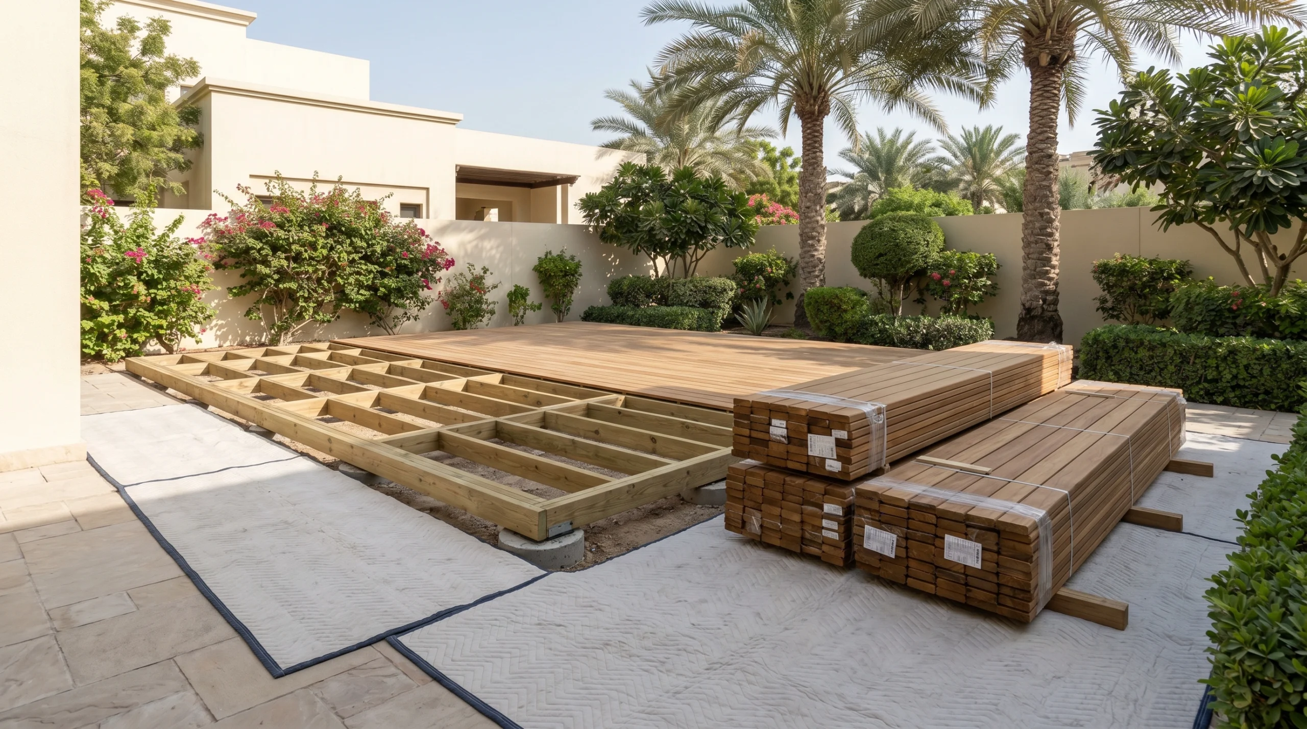 Organized outdoor deck installation site showing completed subframe and staged teak boards in a UAE villa garden by Karnak Carpentry