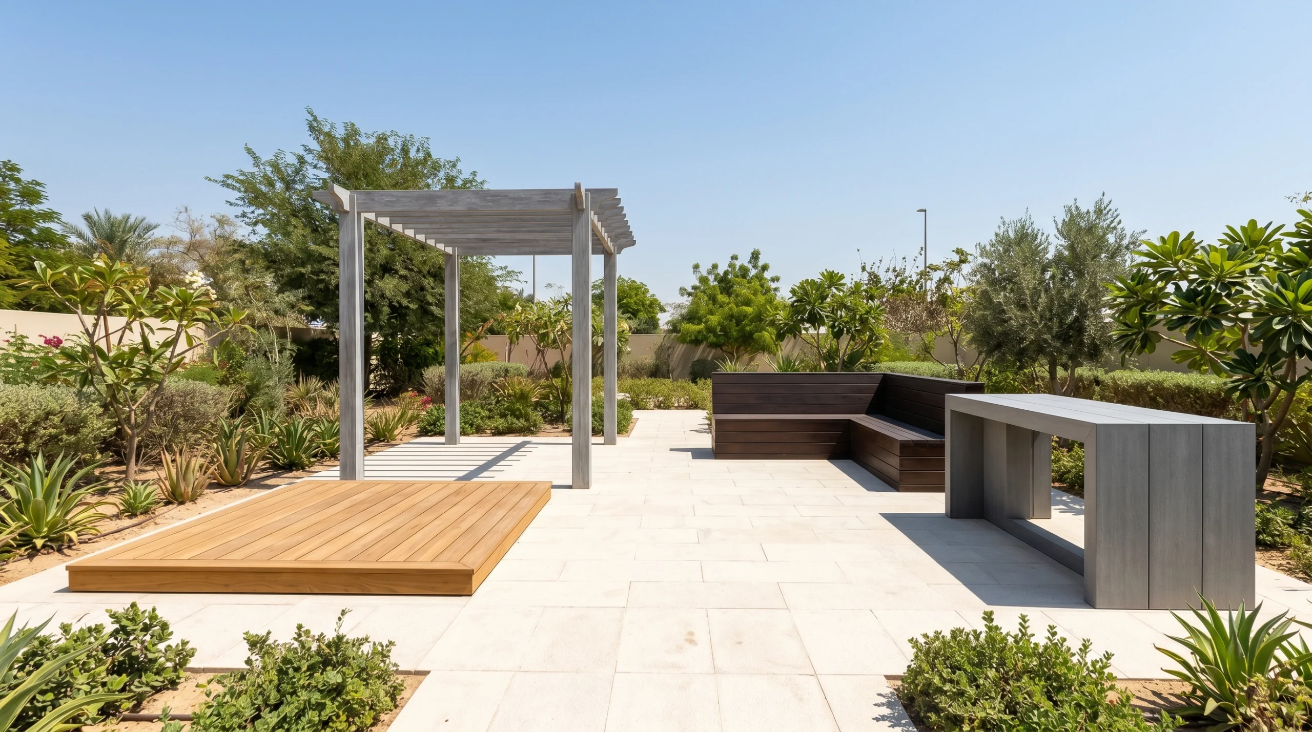 Portfolio showroom display of four outdoor carpentry structure types in different finishes including teak, weathered grey, espresso, and composite in UAE by Karnak Carpentry