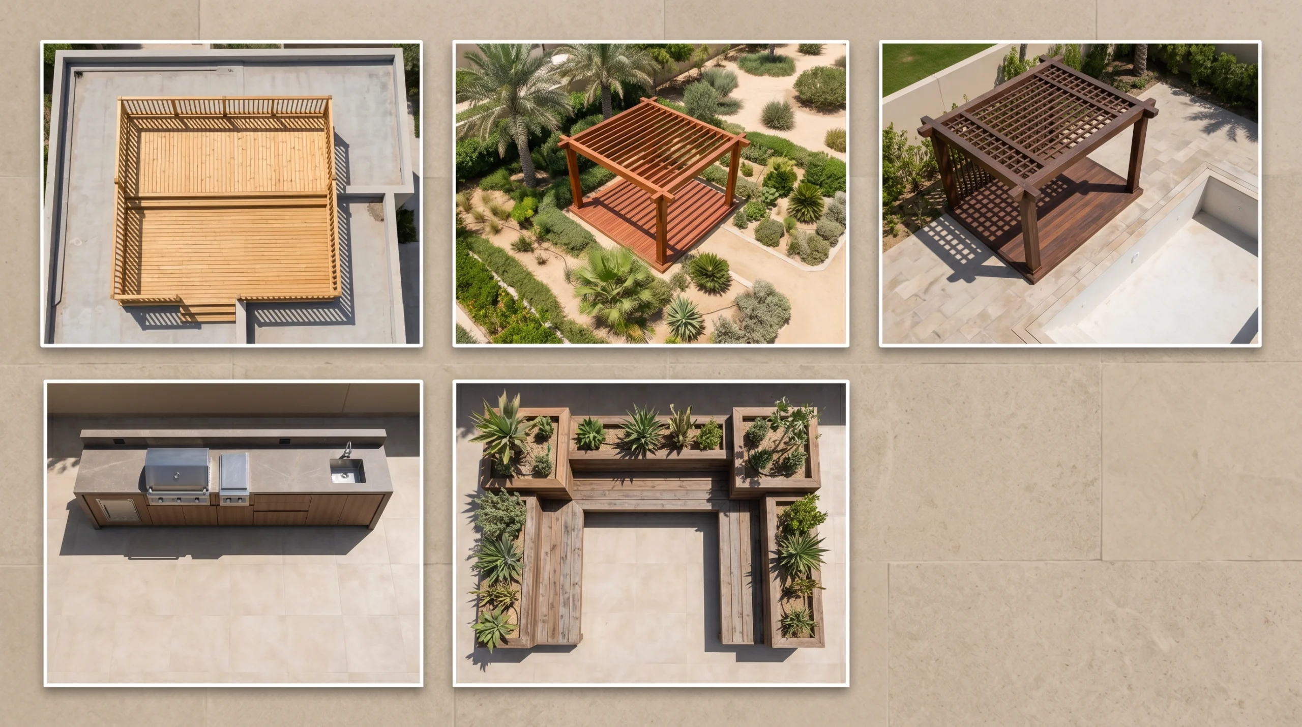 Aerial collage of five recent UAE outdoor carpentry projects including rooftop deck, pergola, cabana, kitchen, and planter bench by Karnak Carpentry