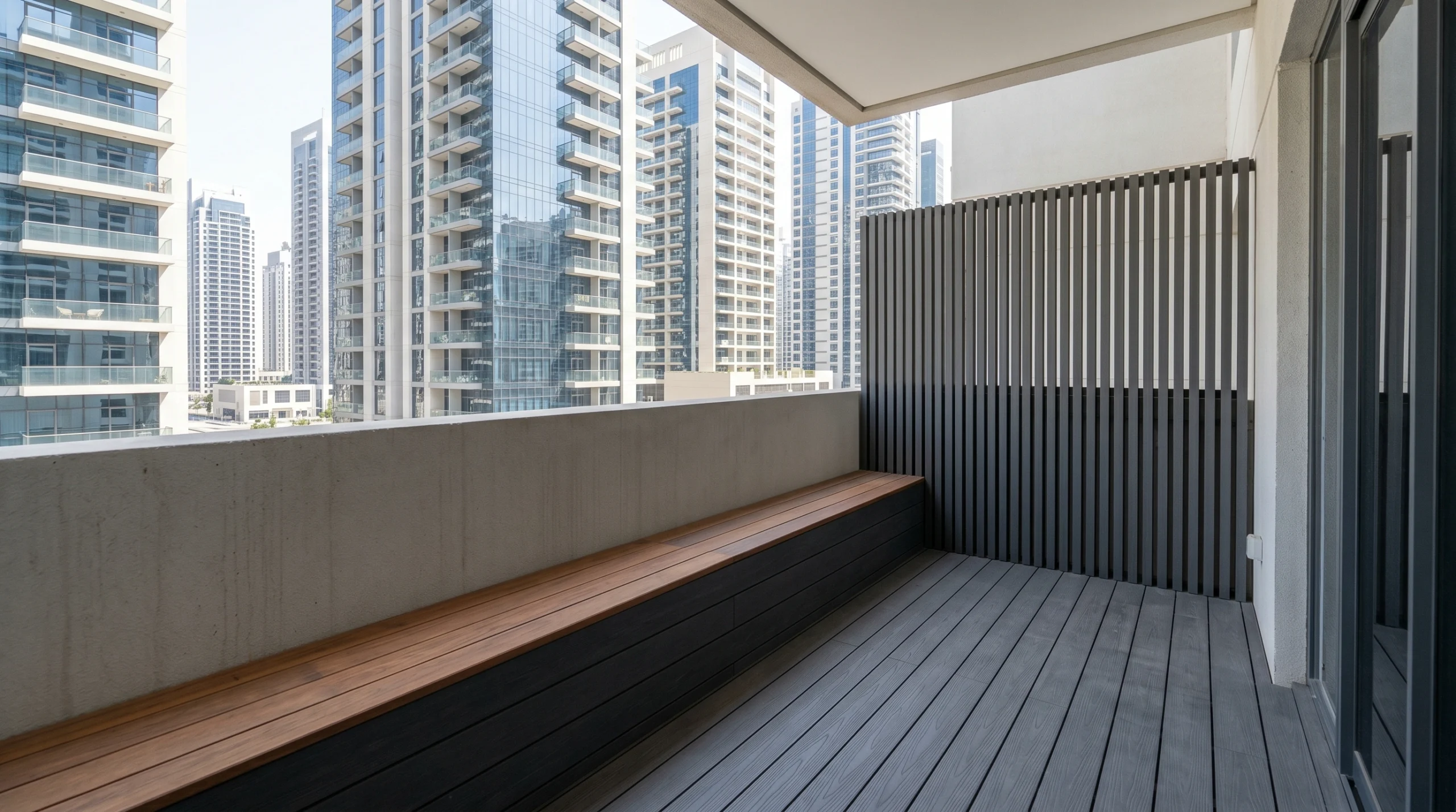 Compact balcony transformation with charcoal composite decking, built-in Ipe bench, and slatted privacy screen in a Business Bay Dubai apartment by Karnak Carpentry