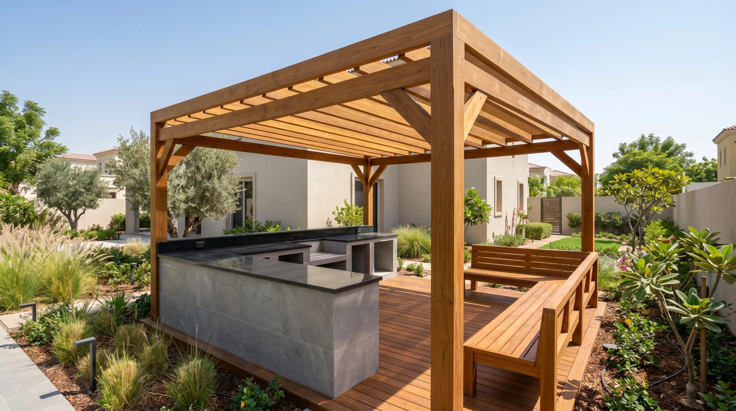 Comprehensive outdoor kitchen and teak dining pavilion with built-in bench and granite counter in an Arabian Ranches Dubai villa by Karnak Carpentry