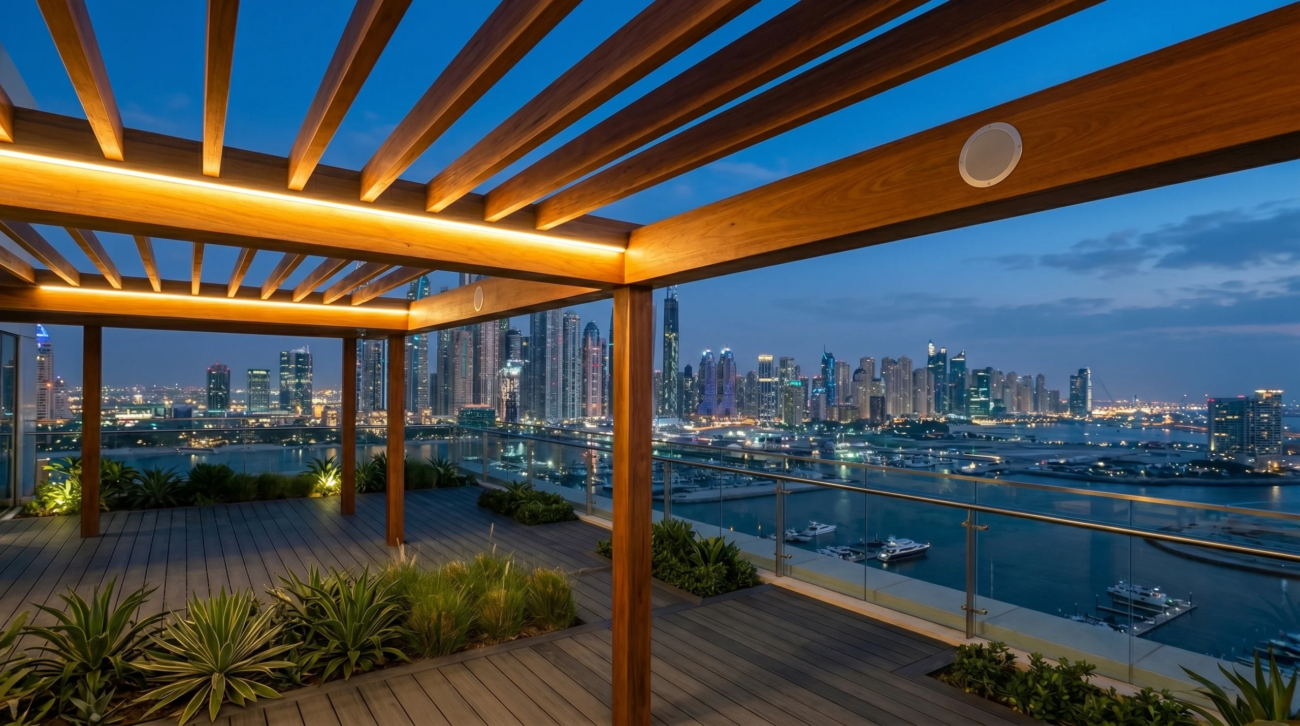 Contemporary Ipe pergola with integrated LED lighting and speaker housing on a Dubai Marina penthouse rooftop by Karnak Carpentry