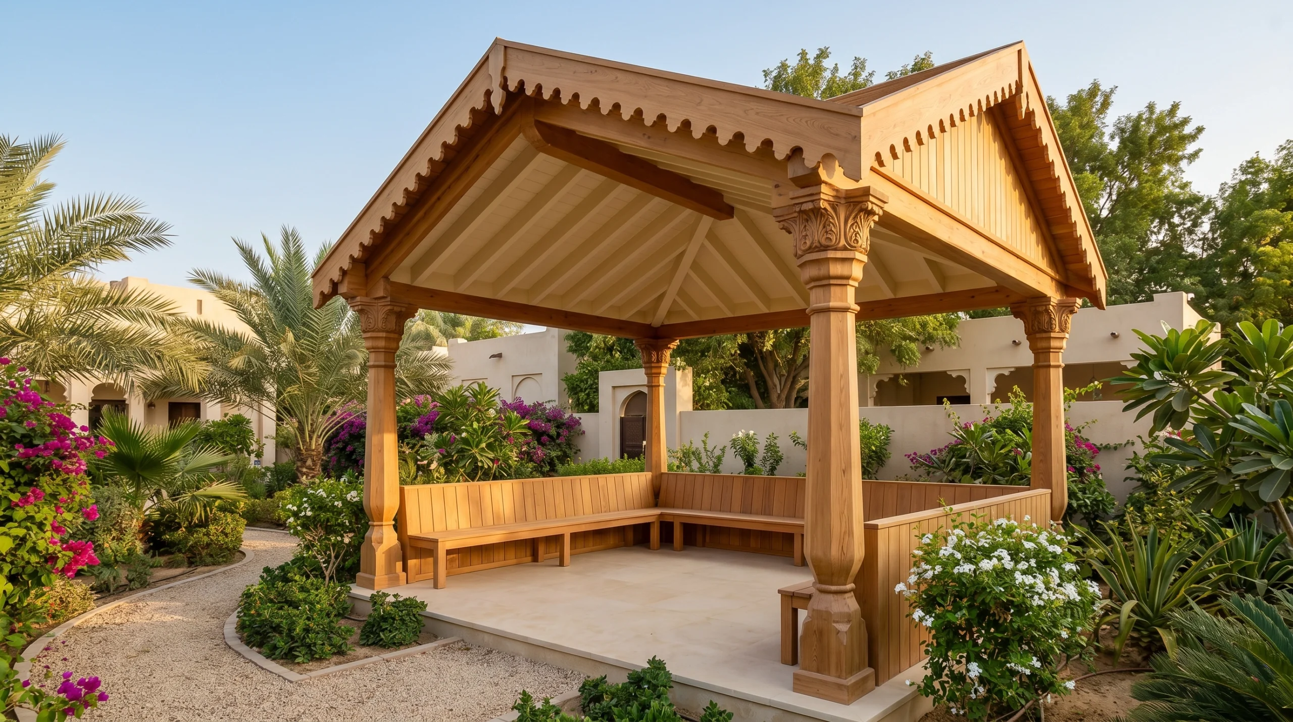 Traditional Arabic garden pavilion with carved cedar columns, double-pitched roof, and built-in bench in an Al Ain family villa by Karnak Carpentry