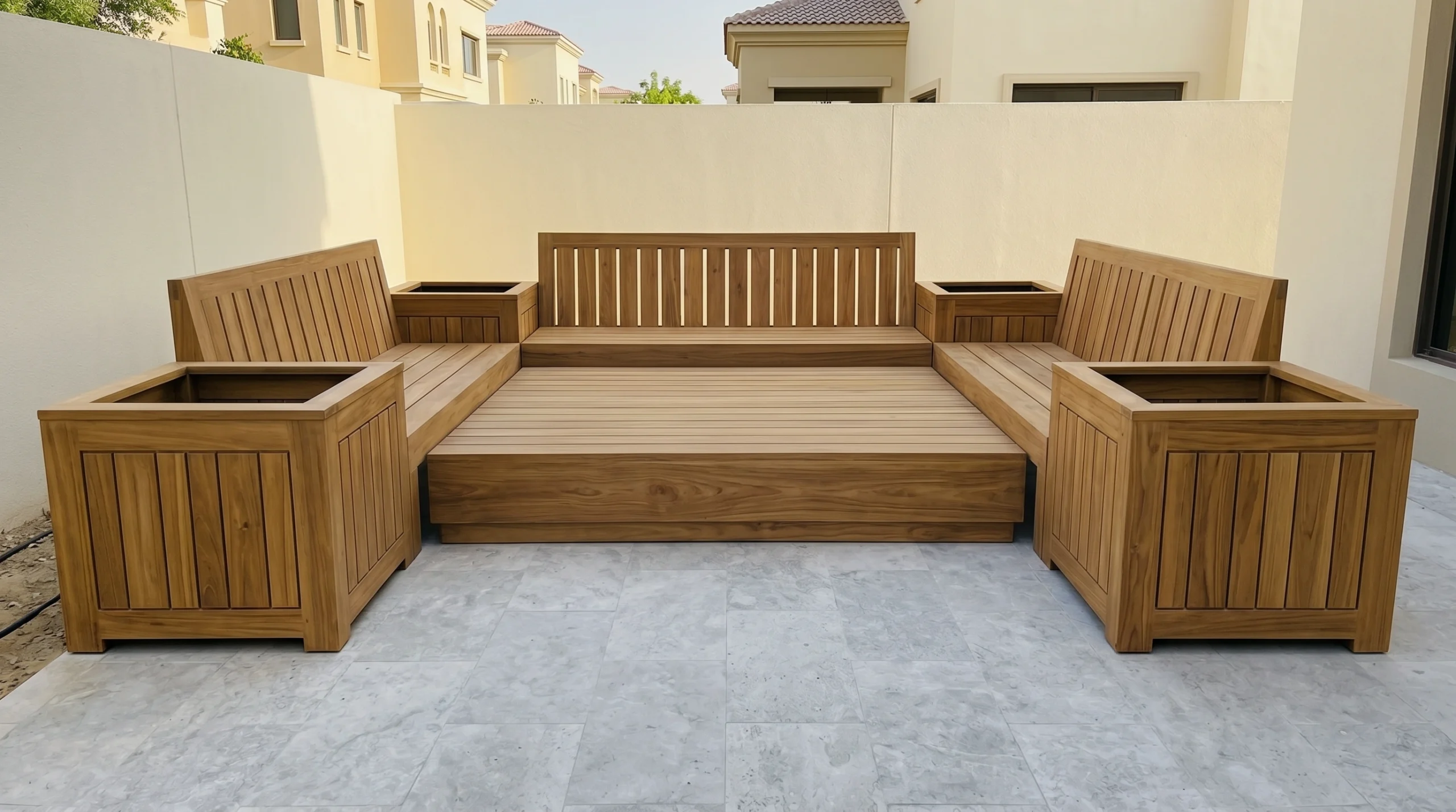Custom U-shaped built-in teak garden bench with integrated planter boxes and central table structure in a Meadows Dubai villa by Karnak Carpentry
