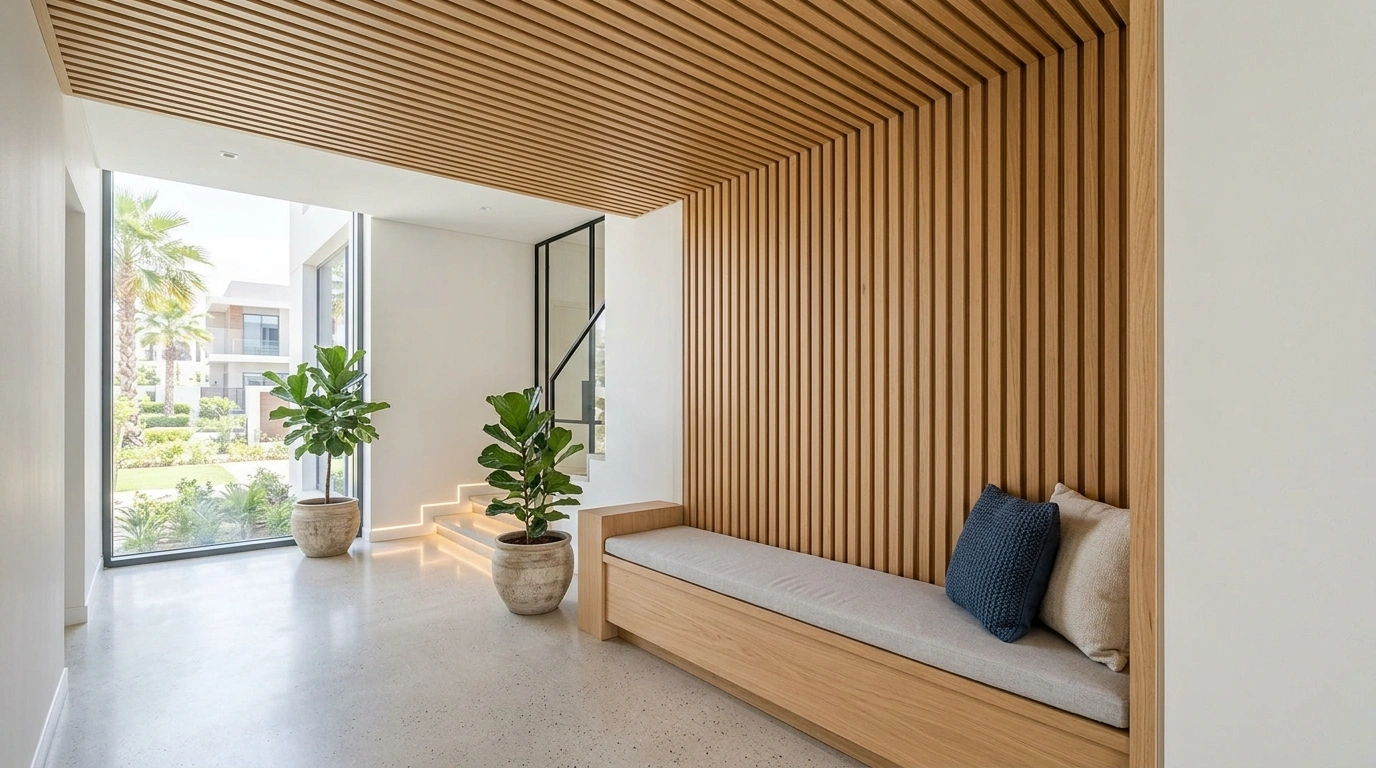Built-in oak bench with vertical slat feature wall in a Damac Hills villa.