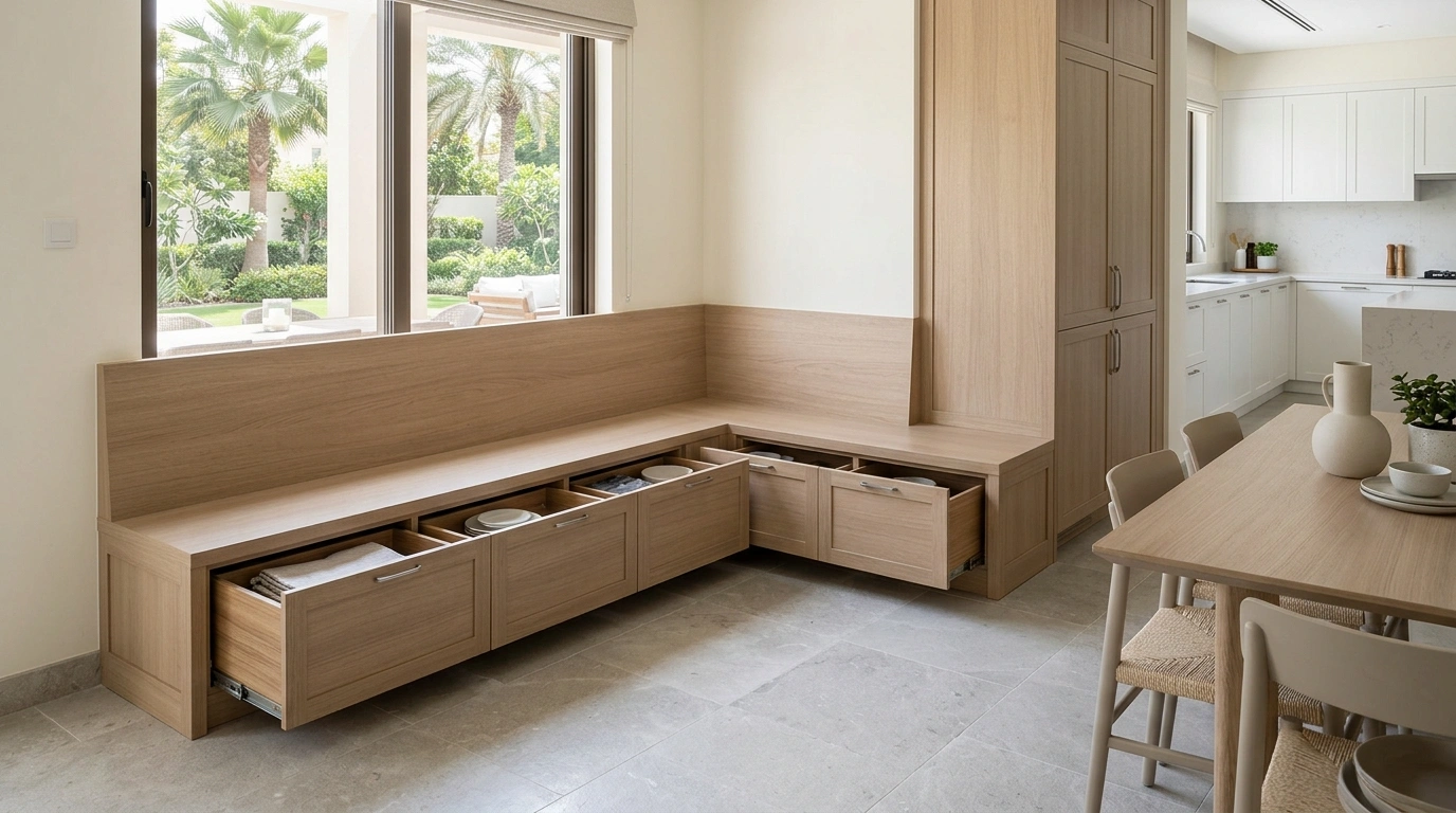 Custom L-shaped dining bench and storage joinery in Arabian Ranches.