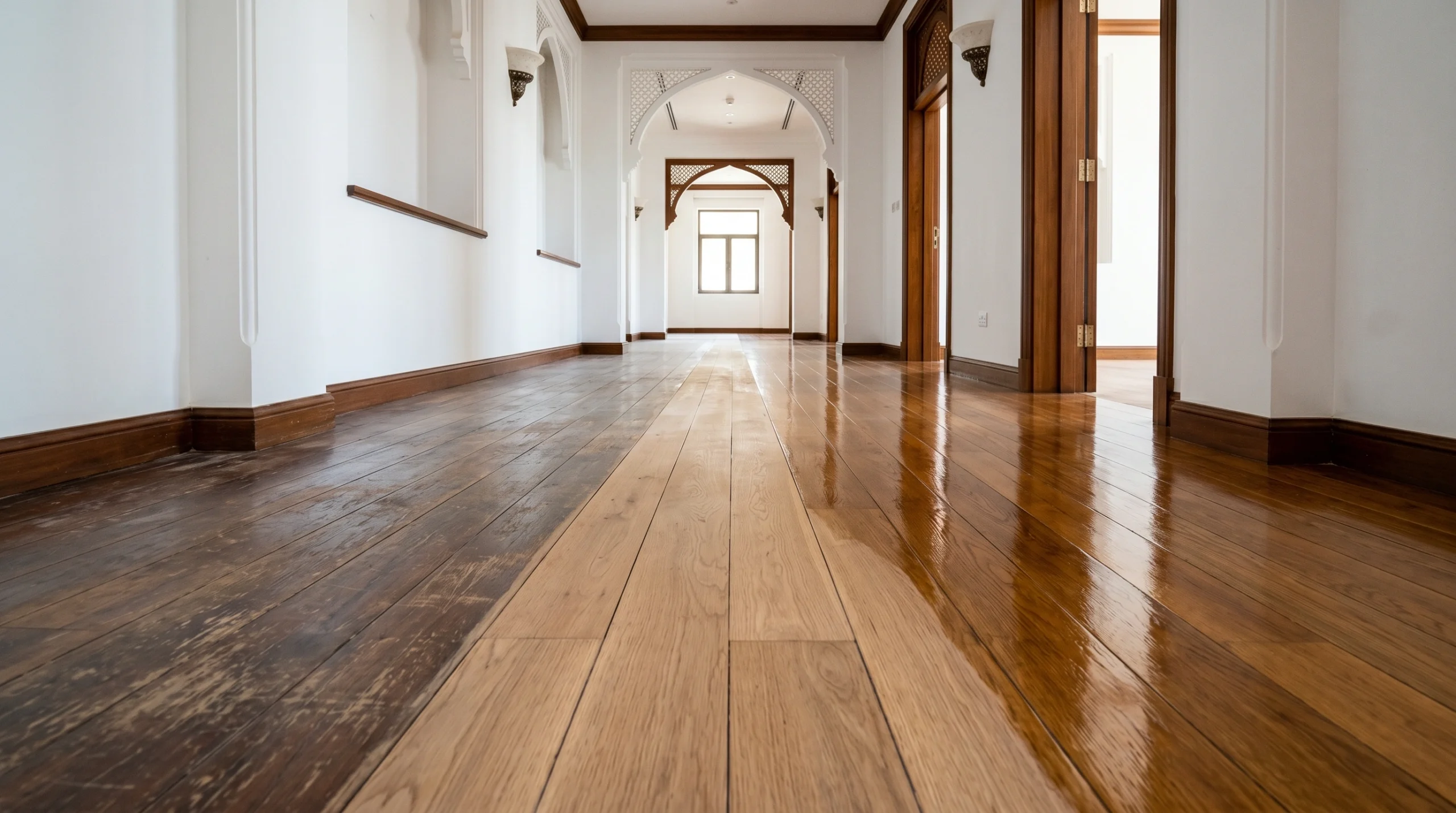 Hardwood floor restoration showing worn original surface, sanded bare timber, and refinished lacquered finish stages inside Jumeirah villa corridor