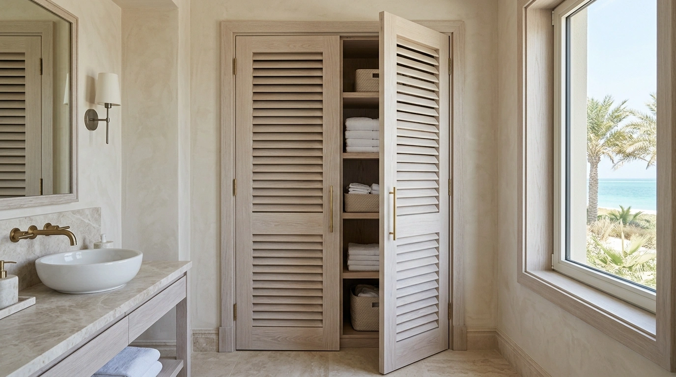 White-washed oak louvered bathroom closet doors in Saadiyat Island.