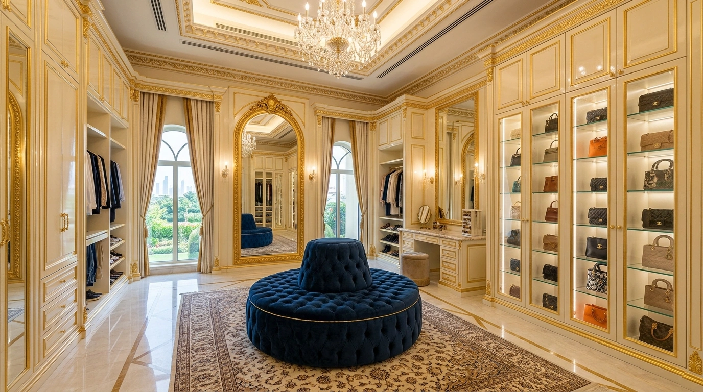 High-gloss cream dressing room with gold accents by Karnak Carpentry in Nad Al Sheba.