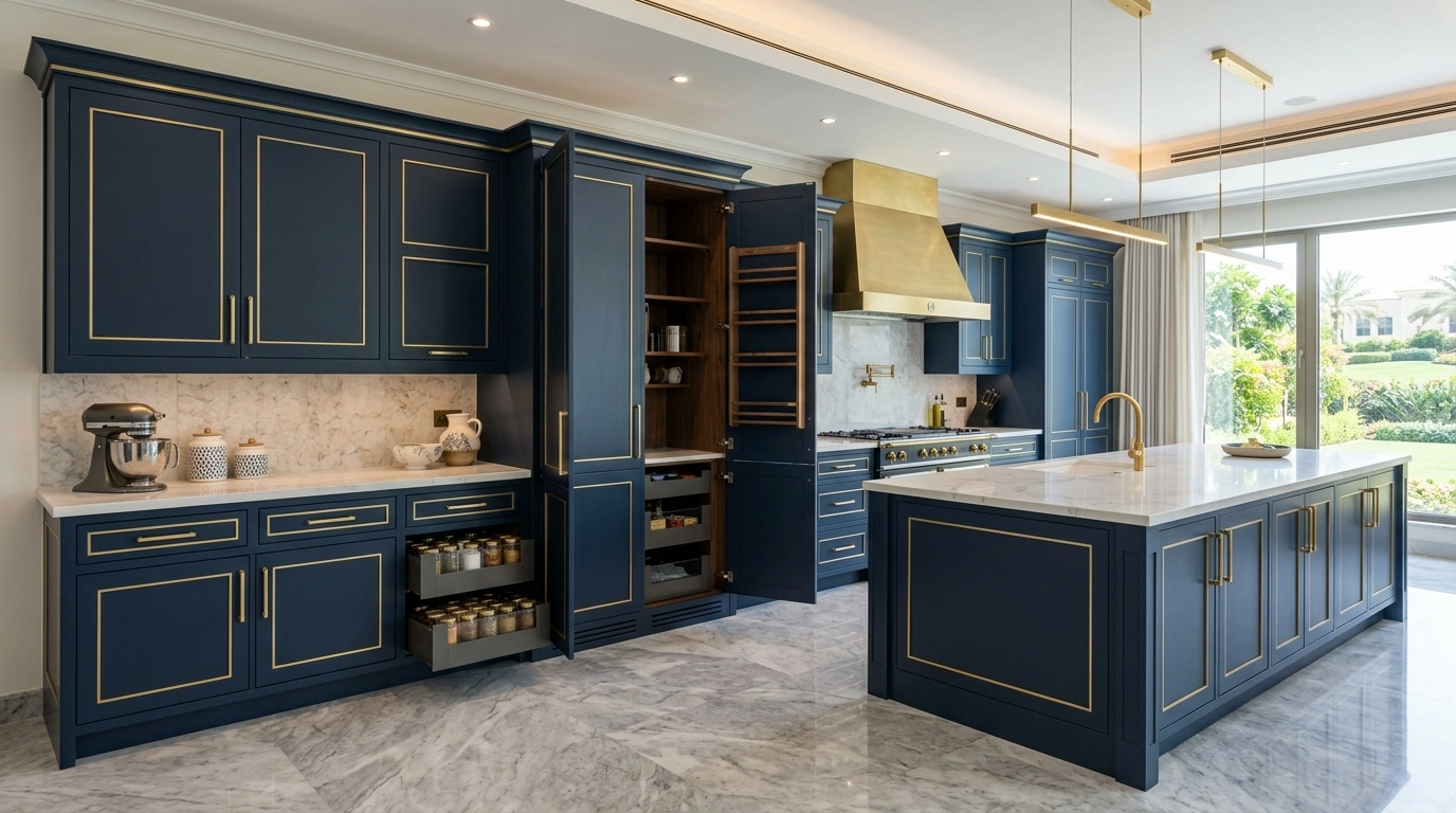 Bespoke navy blue kitchen cabinets with gold brass inlays by Karnak Carpentry in Emirates Hills.