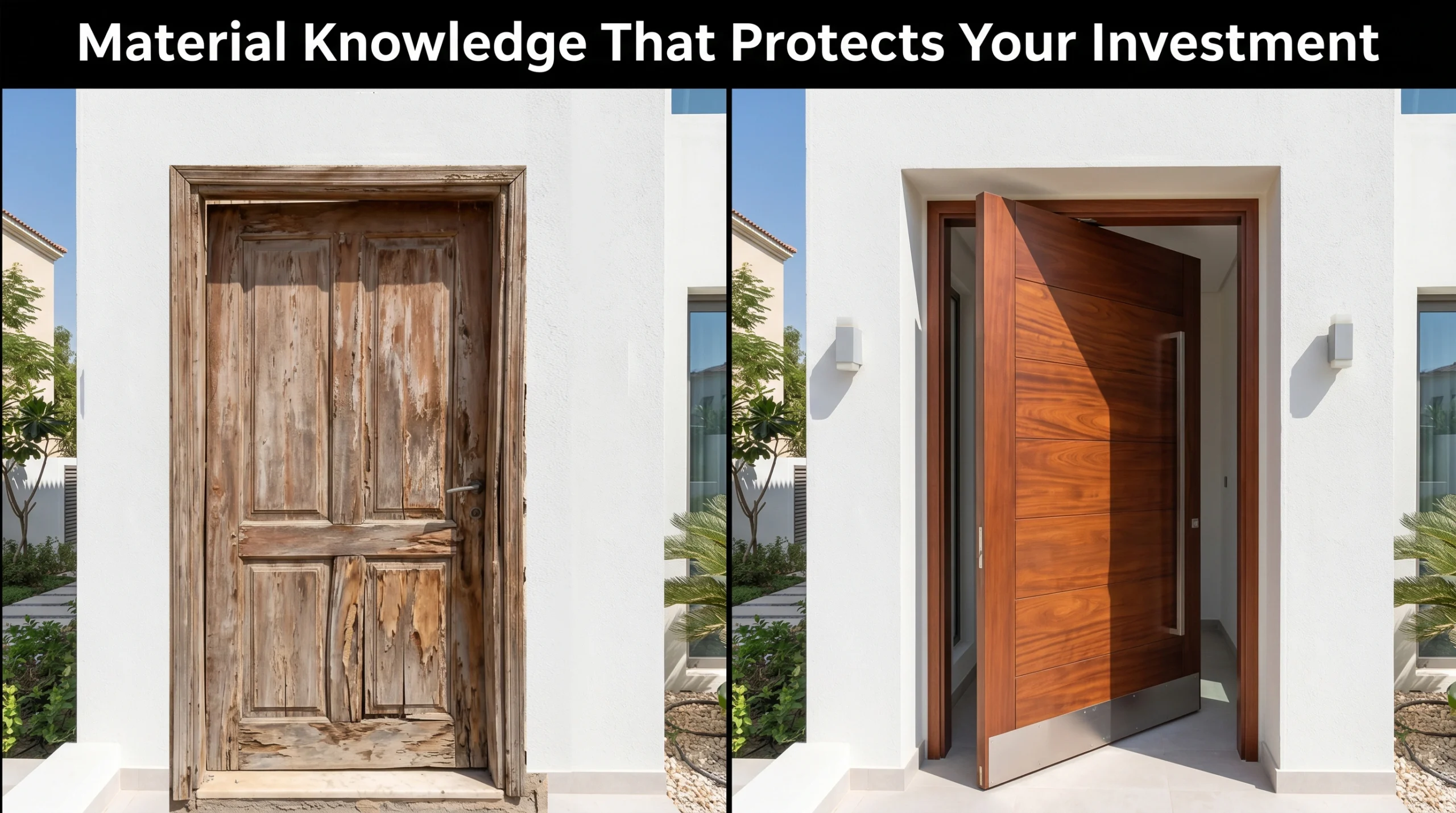 Comparison showing a warped door replaced by a high-quality UV-resistant mahogany pivot door in a Jumeirah coastal home.